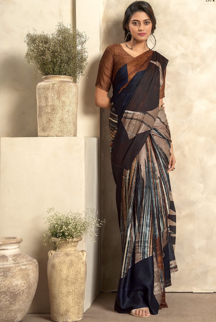 Buy MySilkLove Umber Brown and Black Printed Satin Silk Saree Online