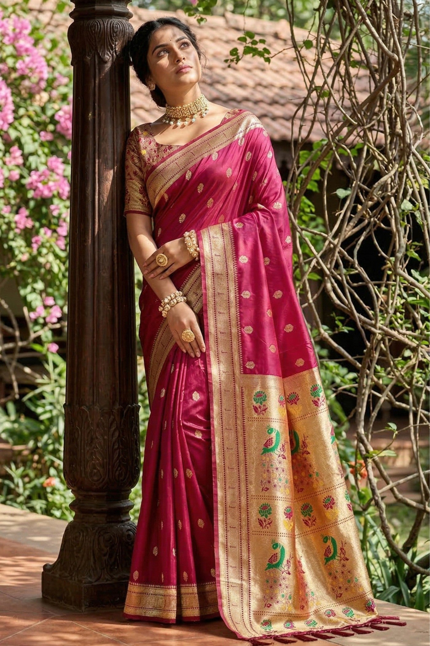 MySilkLove Dark Rose Pink Zari Woven Paithani Saree
