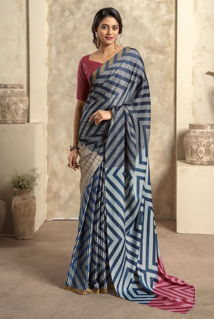 Buy MySilkLove Usafa Blue Printed Satin Silk Saree Online