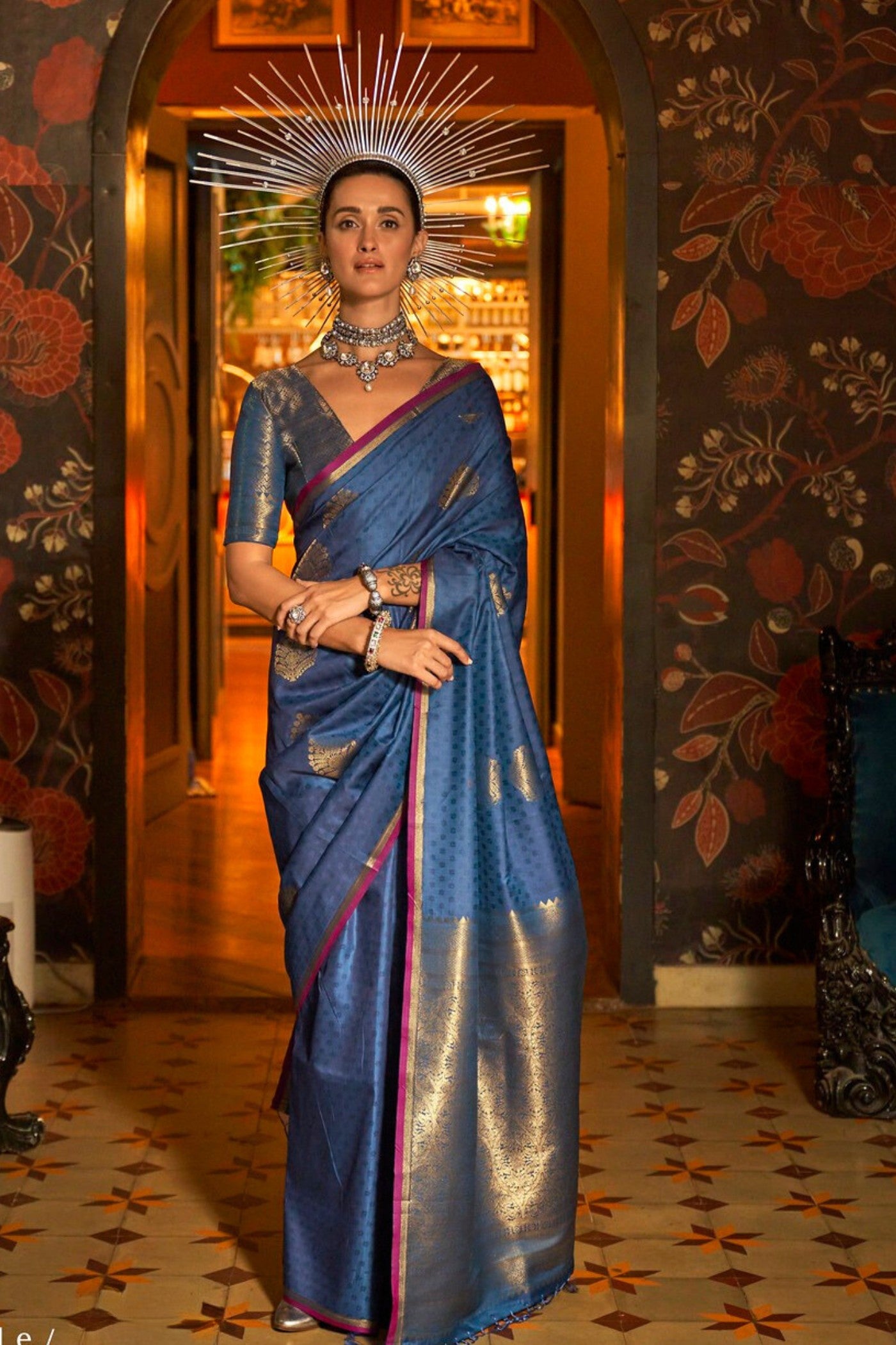 Buy MySilkLove Boston Blue Handloom Banarasi Saree Online