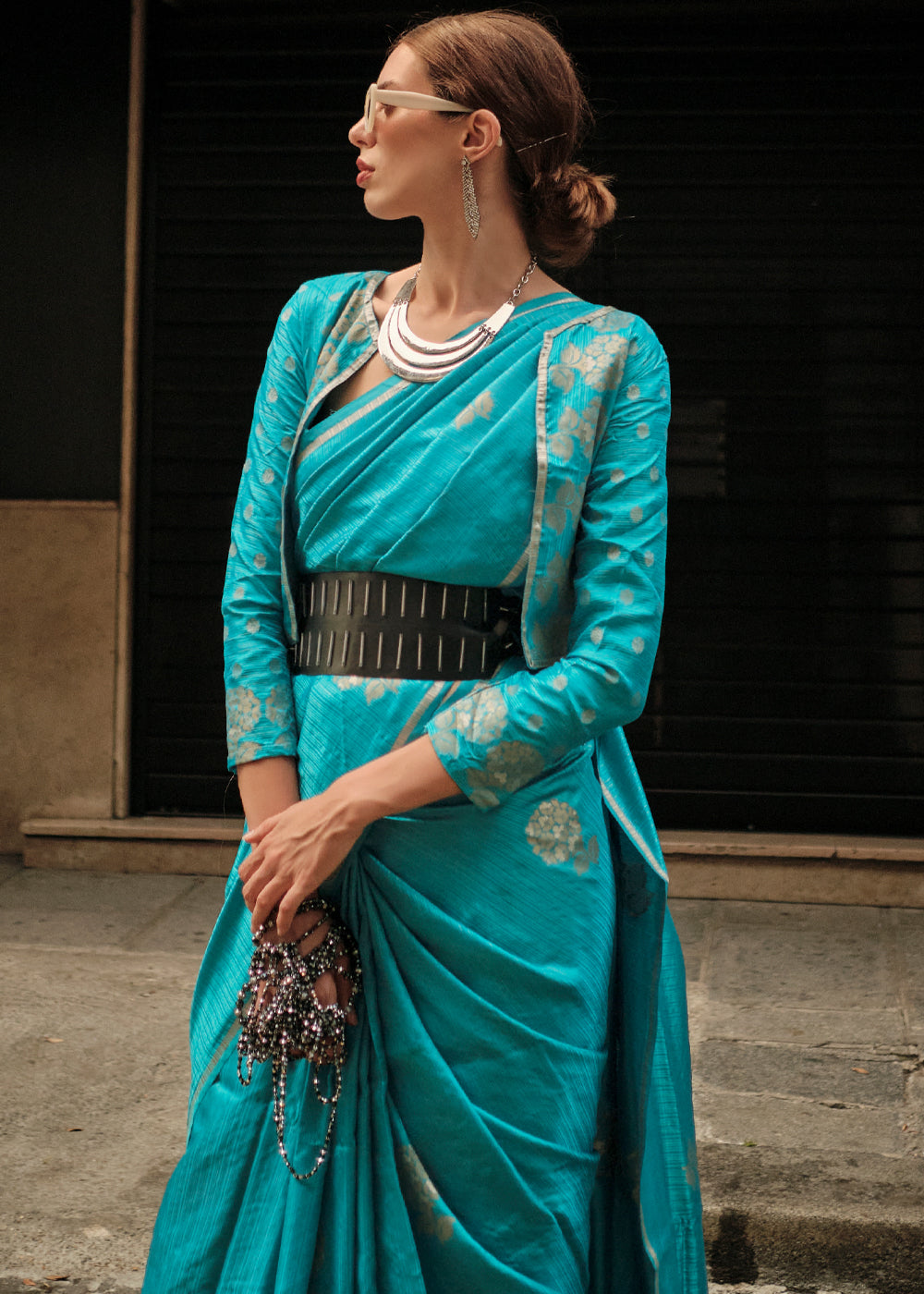 MySilkLove Pacific Blue Woven Banarasi Satin Silk Saree