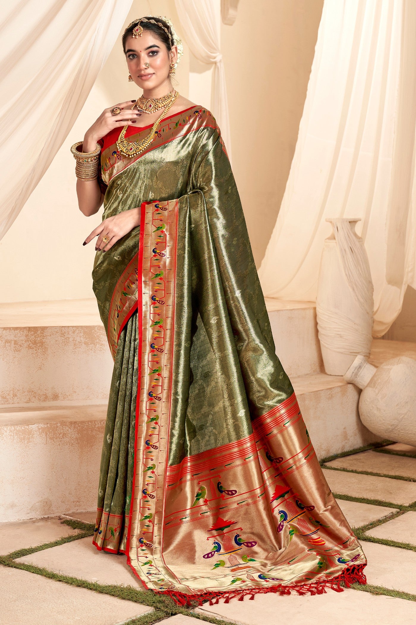 Buy MySilkLove Finch Brown Zari Woven Paithani Tissue Saree Online