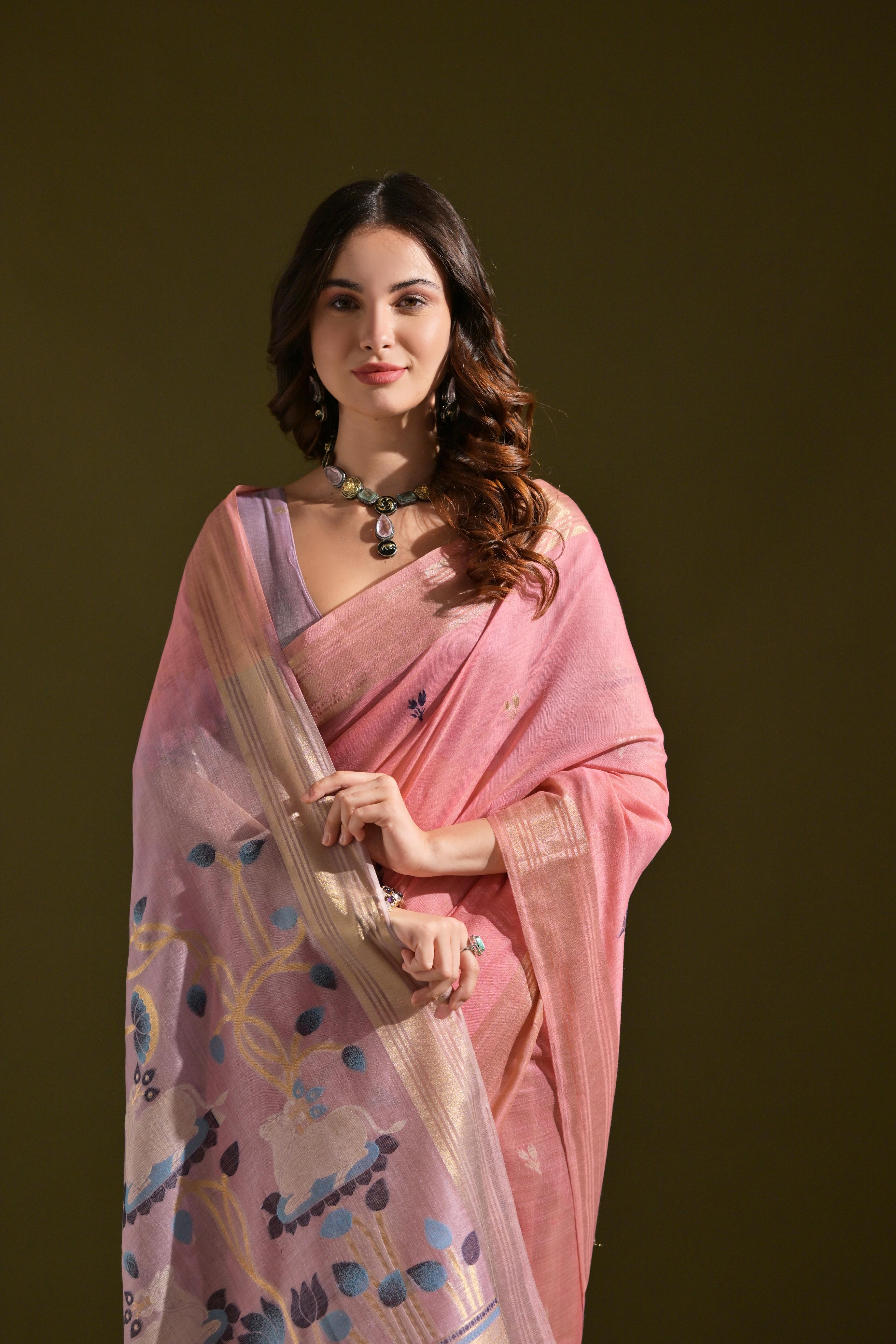 MySilkLove Carnation Pink Woven Muga Cotton Saree