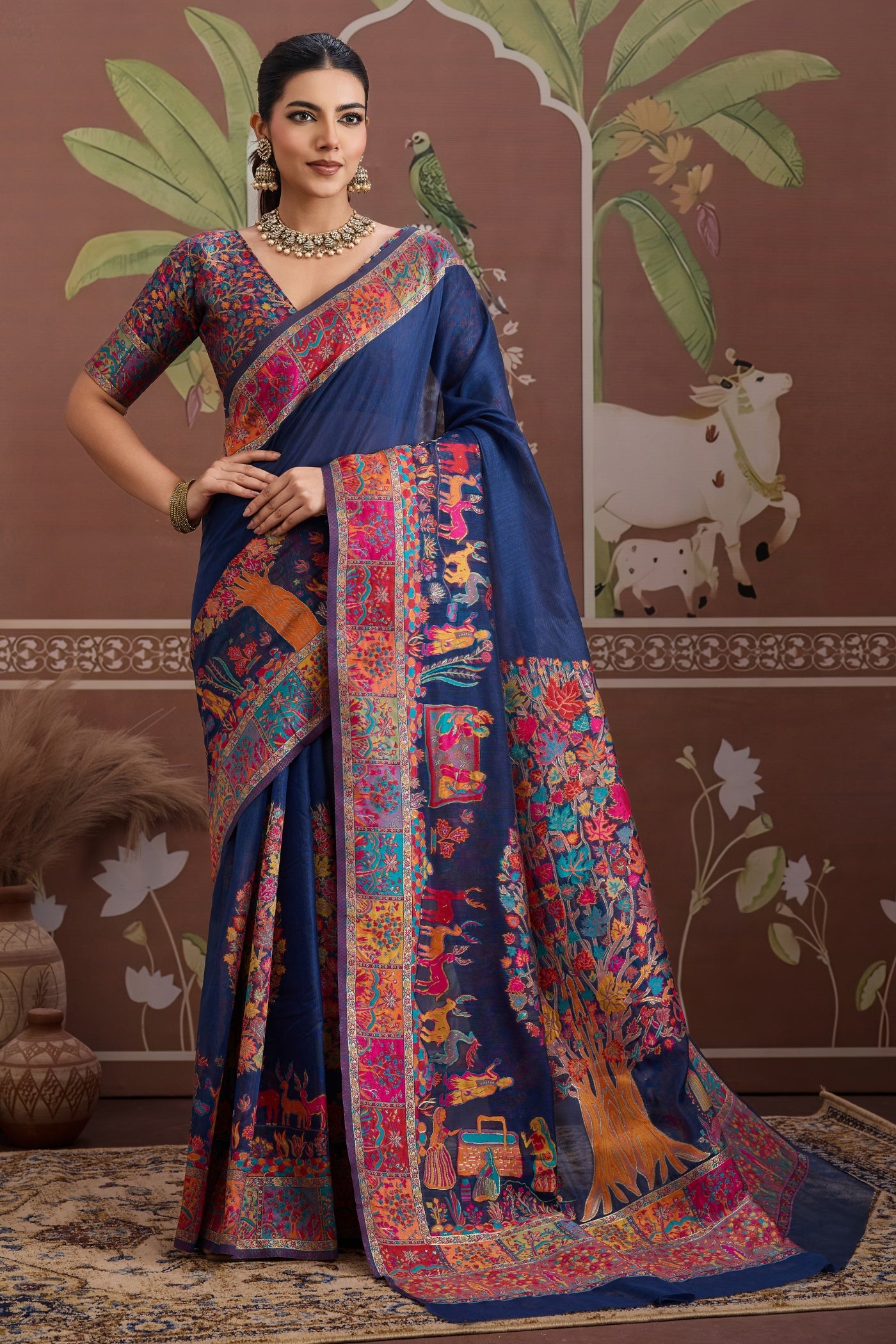 Buy MySilkLove Navy Blue Kashmiri Handllom Jamewar Saree Online