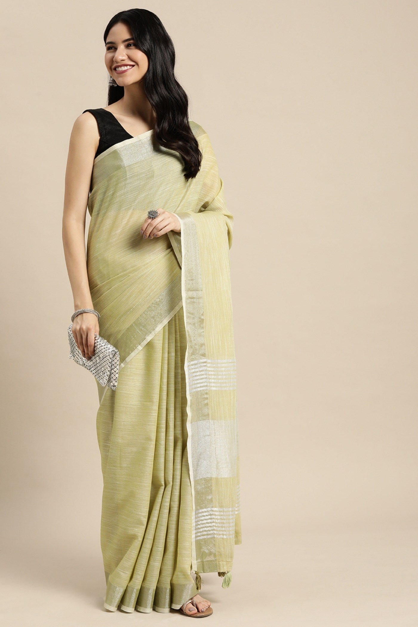 Buy MySilkLove Pista Green Woven Linen Cotton Saree Online