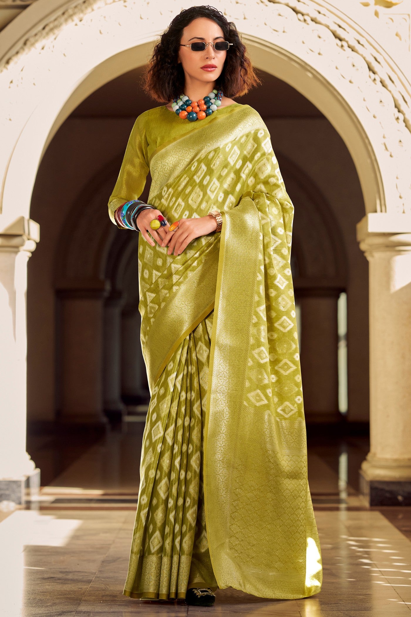 Buy MySilkLove Pesto Green Tissue Silk Saree Online