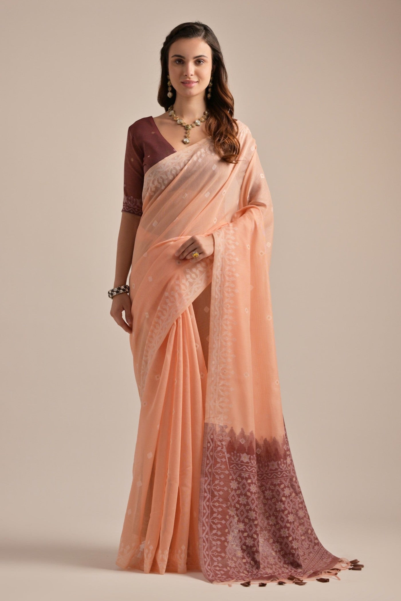 Buy MySilkLove Rose Bud Peach Lucknowi Woven Muga Cotton Saree Online