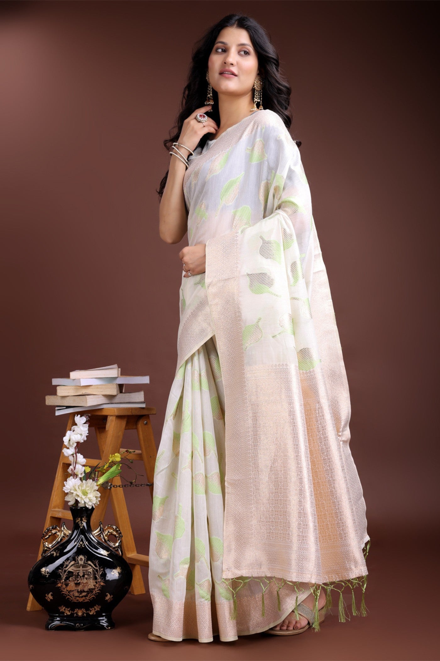 MySilkLove Alstroemeria White and Green Woven Cotton Saree