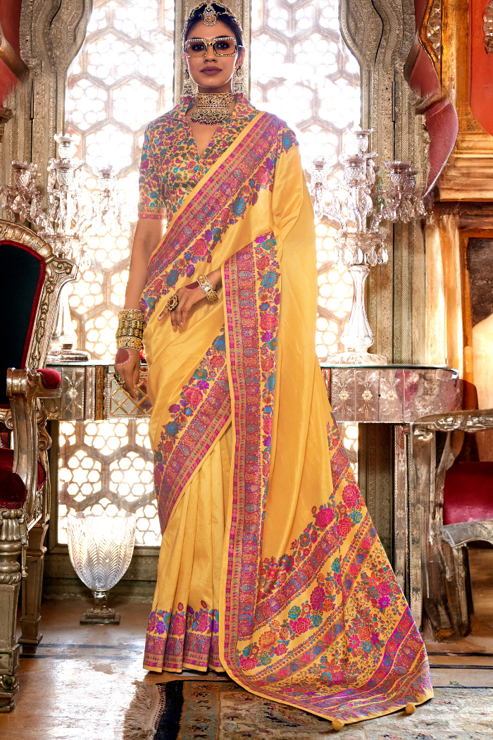 Buy MySilkLove Saffron Mango Yellow Printed Banarasi Saree Online