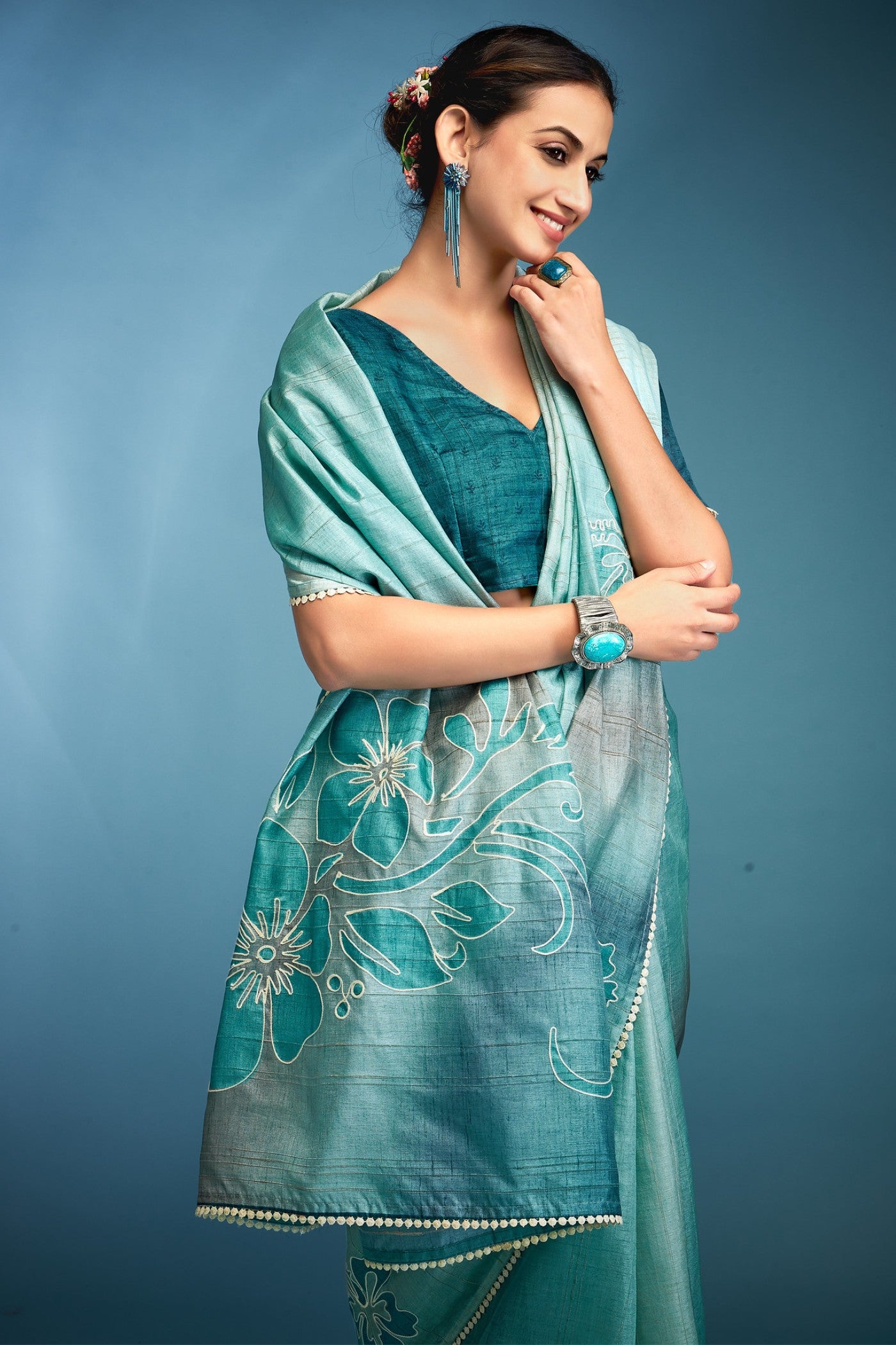 Buy MySilkLove Blue Flax Designer Tussar Silk Saree Online