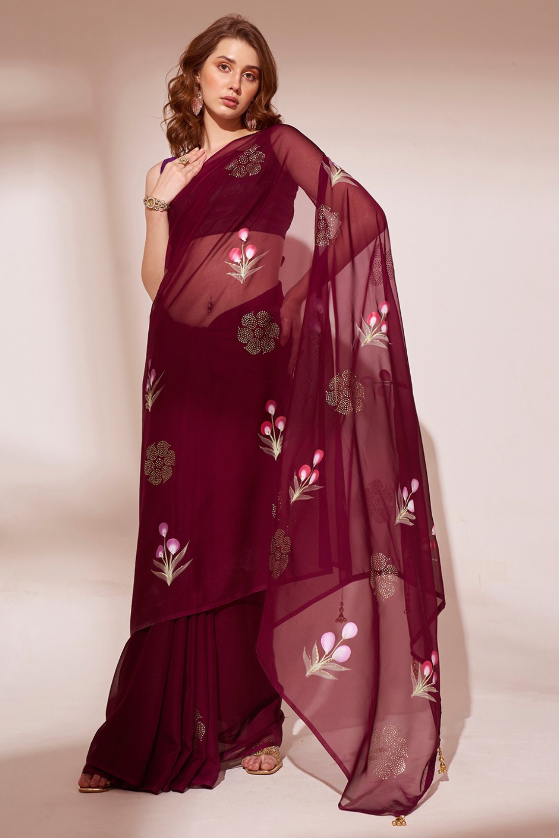 Buy MySilkLove Bordeaux Maroon Printed Organza Saree Online