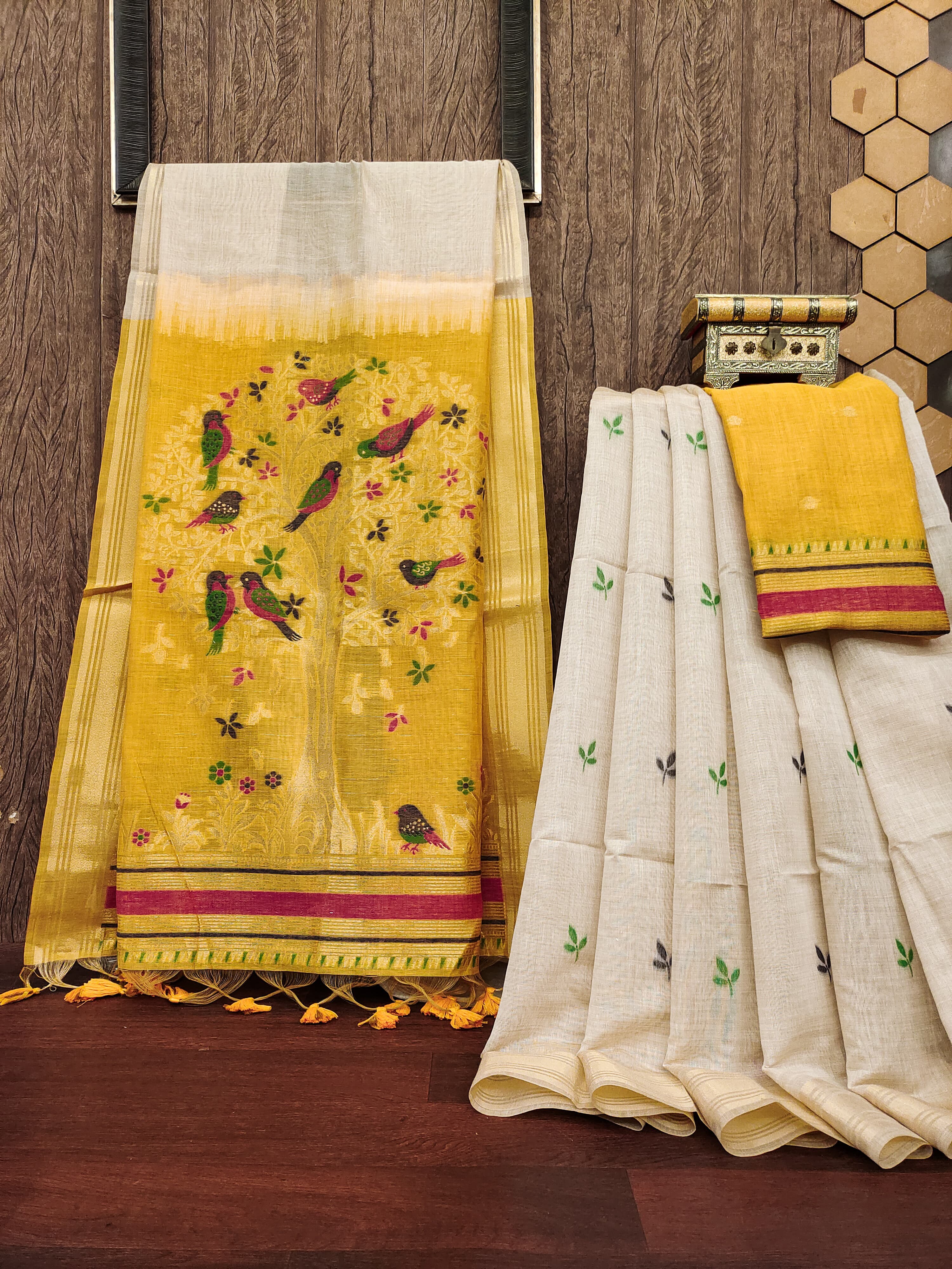 Buy MySilkLove Vanila Cream and Yellow Woven Muga Cotton Saree Online