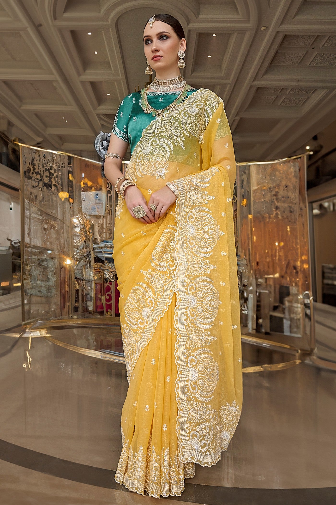 Buy MySilkLove Anzac Yellow Tissue Designer Saree Online