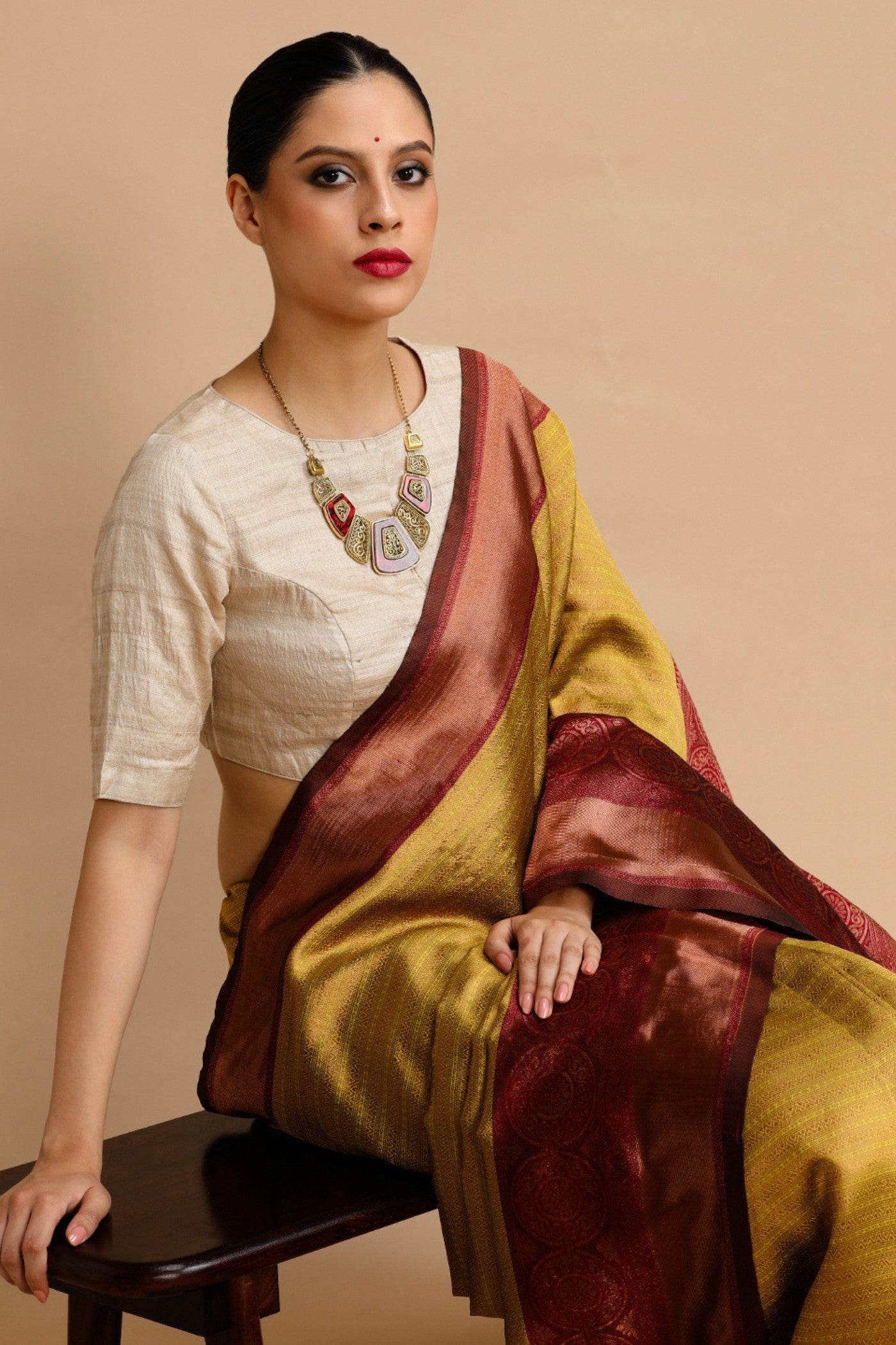 MySilkLove Papaya Whip Yellow Woven Jacquard Lichi Silk Saree
