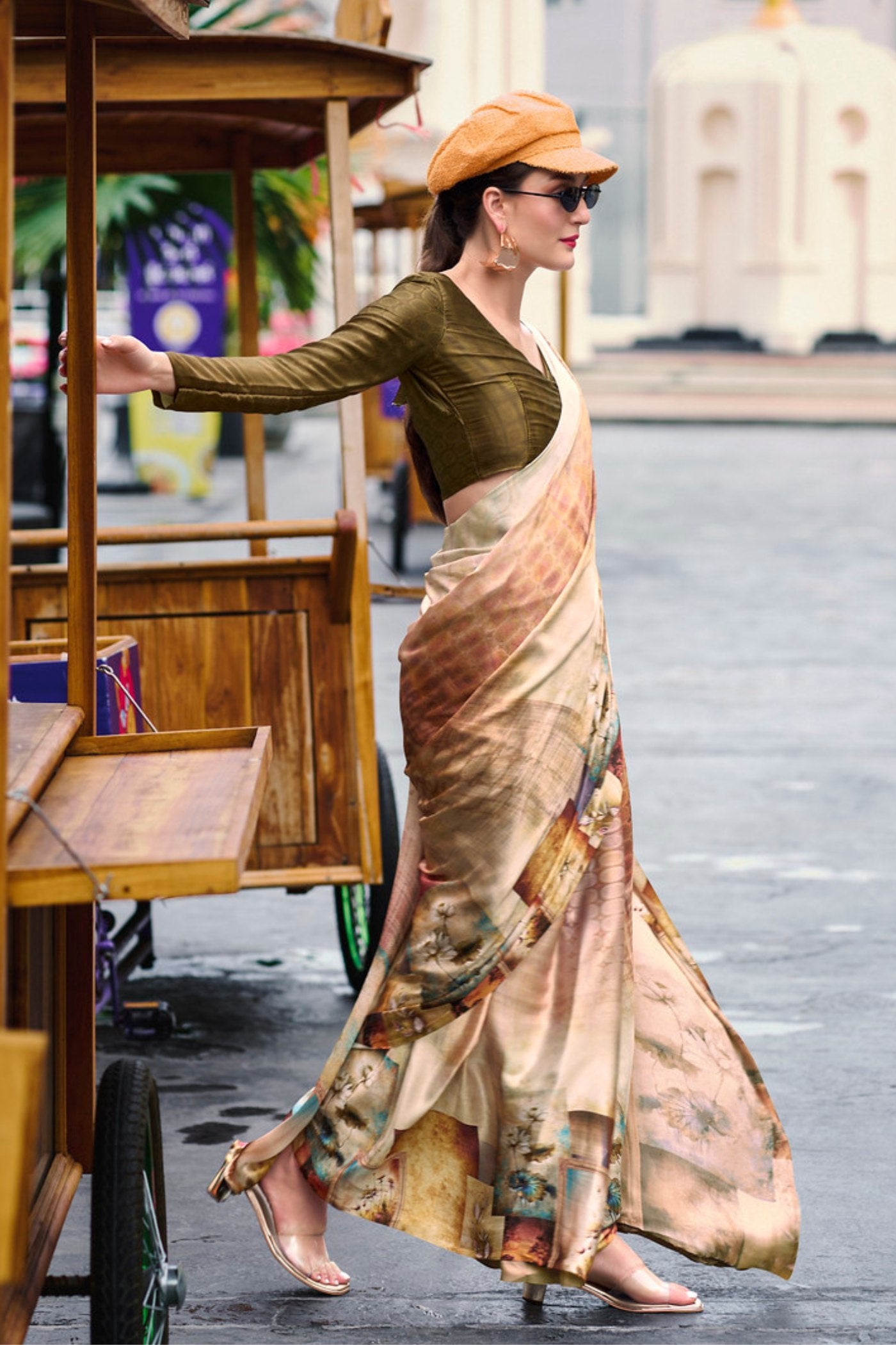 Buy MySilkLove Teak Brown Printed Satin Crepe Silk Saree Online