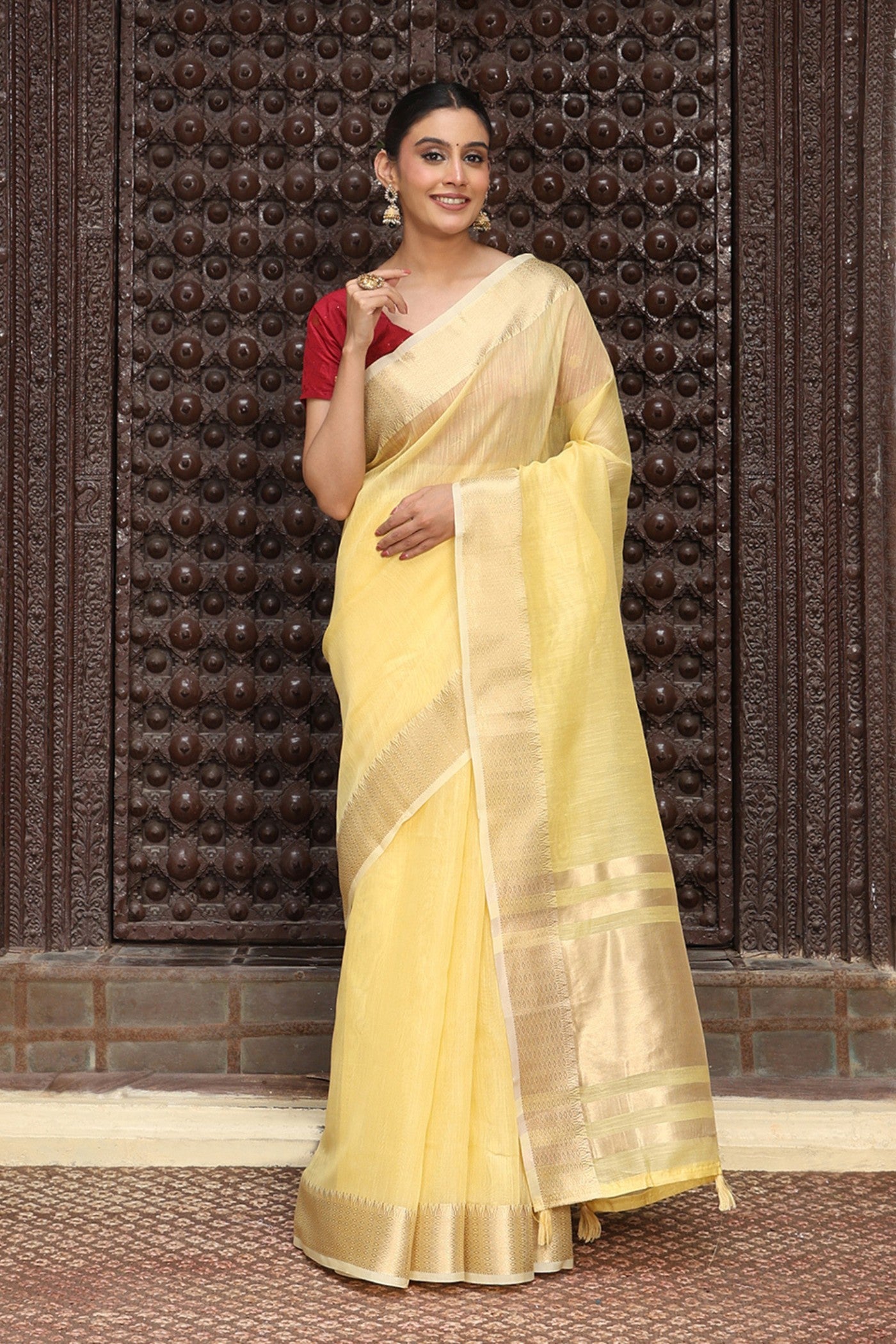 Buy MySilkLove Crayola Yellow Woven Cotton Saree Online