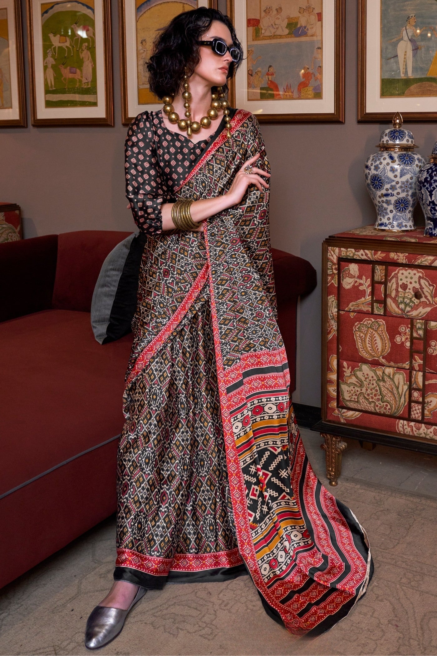 Buy MySilkLove Raven Black and Red Patola Printed Satin Crepe Saree Online