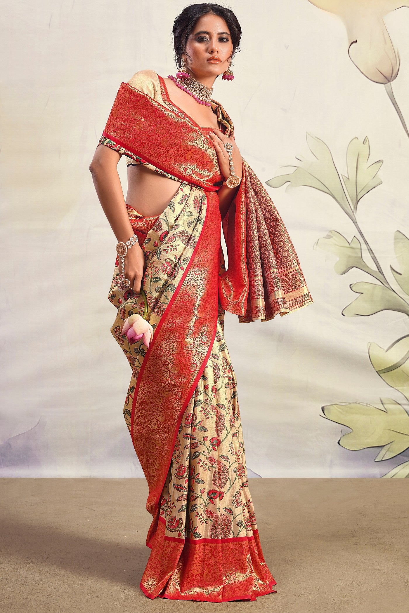 Buy MySilkLove Brandy Cream and Red Woven Banarasi Saree Online