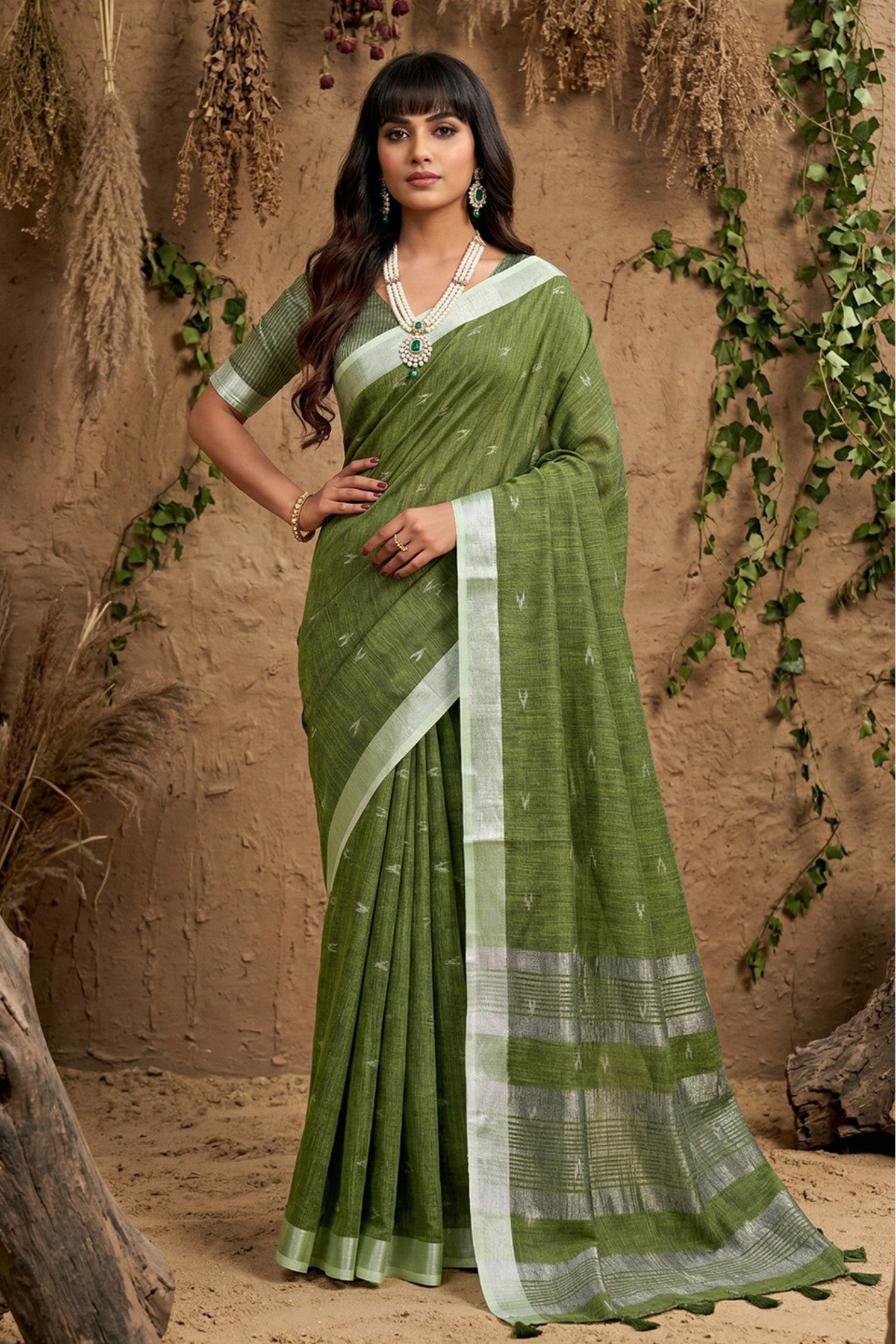 Buy MySilkLove Fern Green Woven Linen Cotton Saree Online
