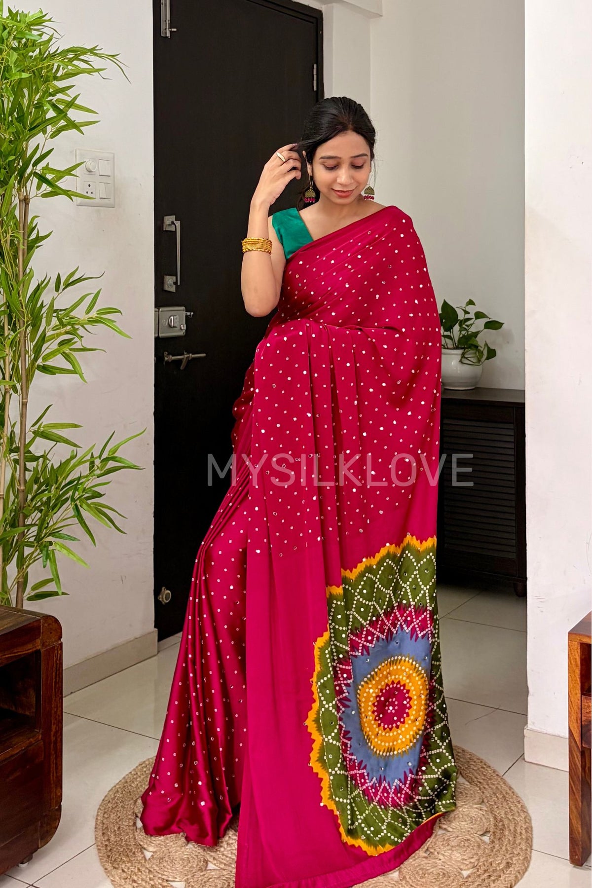 Buy MySilkLove Rosewood Pink Bandhani Satin Mirror Work Saree Online