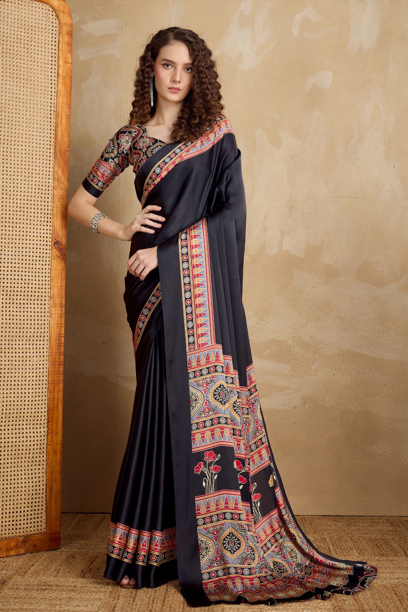 Buy MySilkLove Soot Black Ajrakh Printed Satin Crepe Silk Saree Online