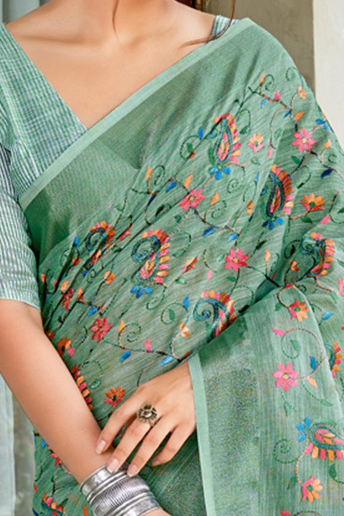 Buy MySilkLove Summer Green Handcrafted Linen Saree Online