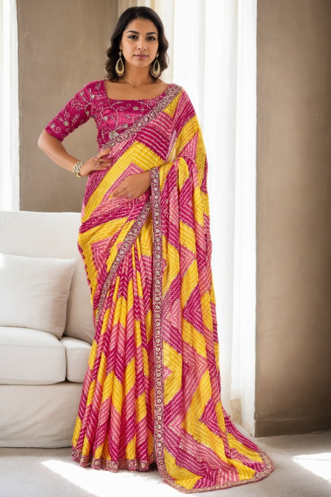 Buy MySilkLove Zest Yellow and Pink Bandhani Digital Printed Silk Saree Online