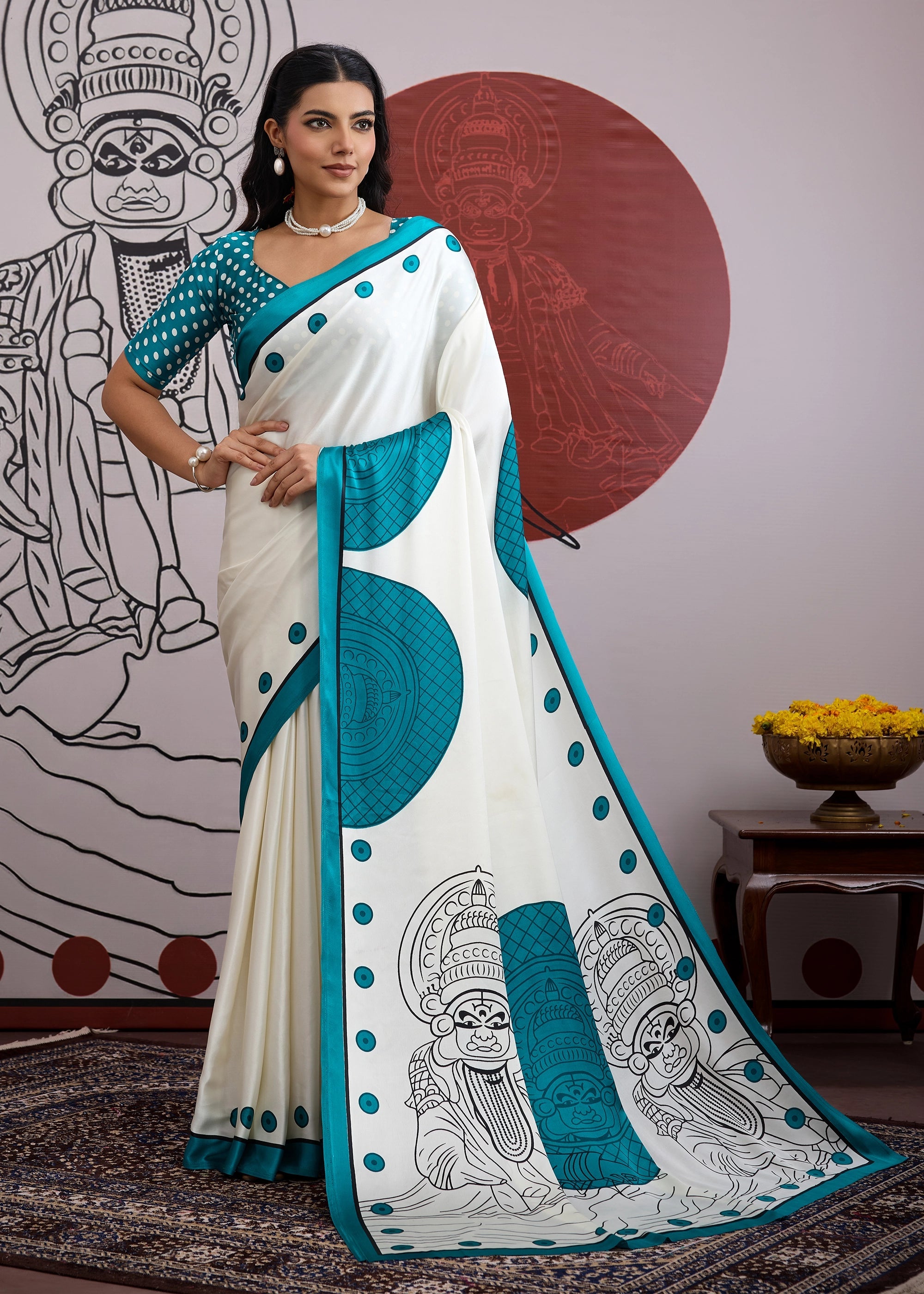 Buy MySilkLove Steel Blue and White Printed Satin Crepe Silk Saree Online