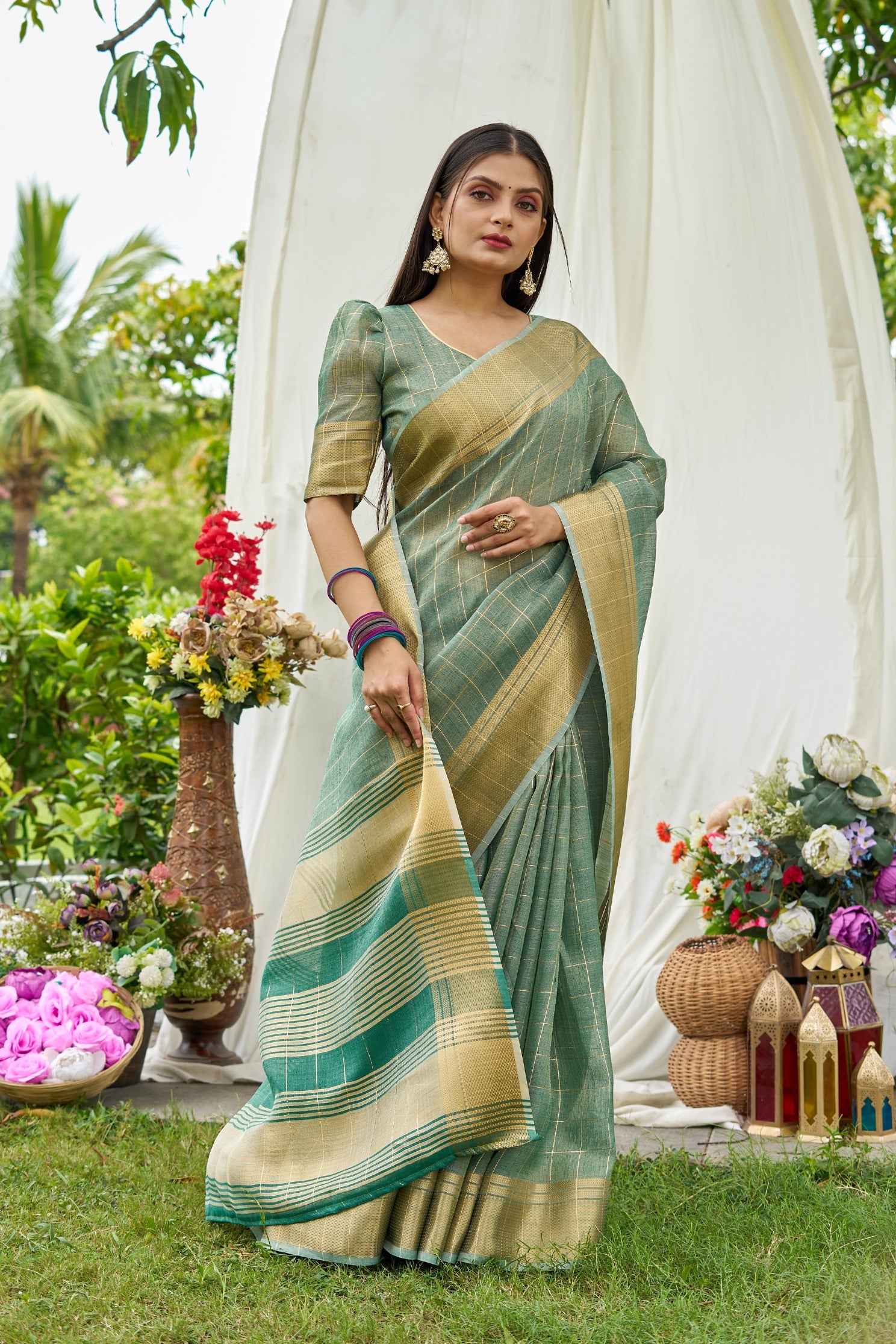 Buy MySilkLove Fern Green Tissue Woven Saree Online