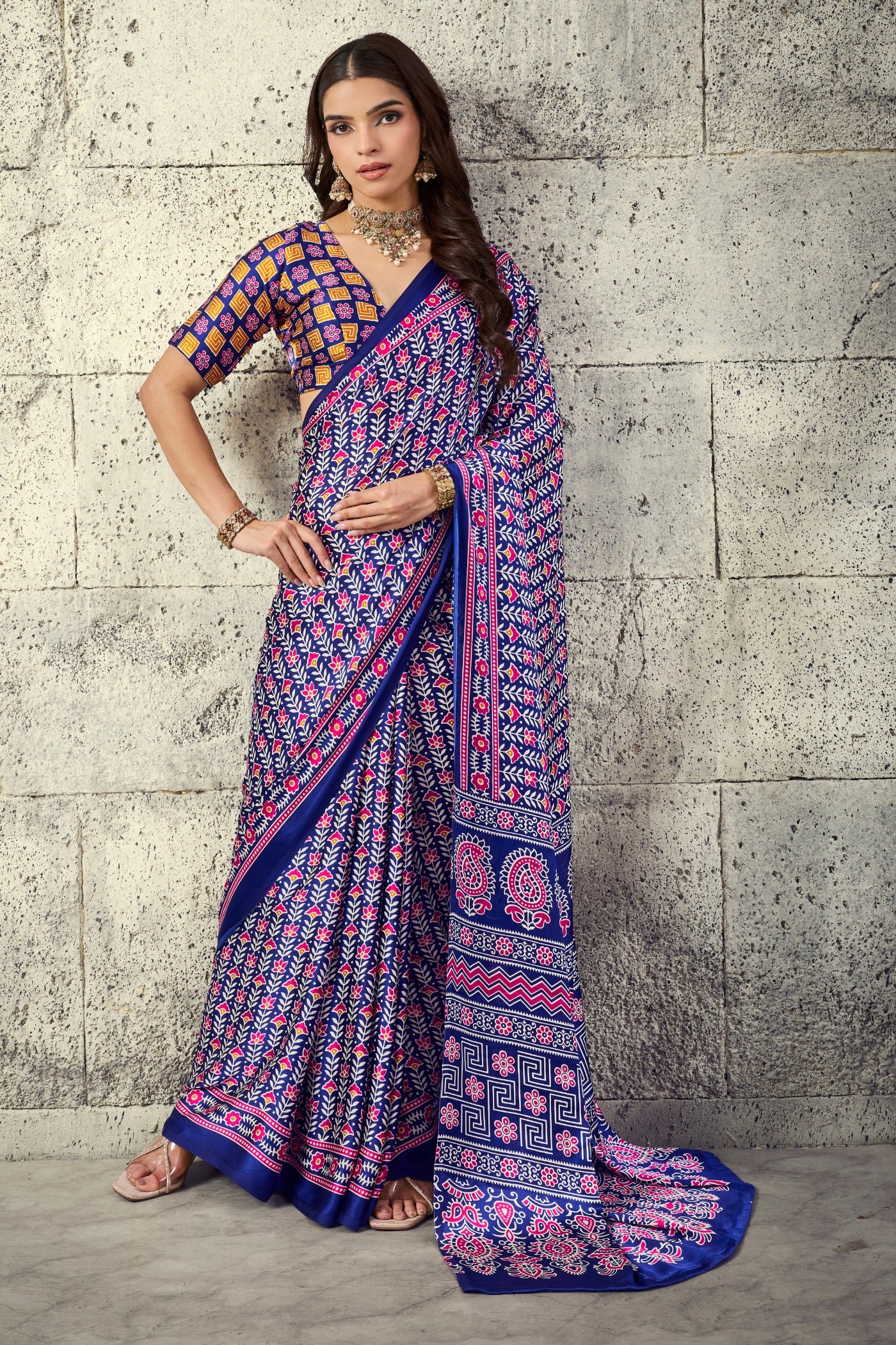 Buy MySilkLove Insolent Purple Modal Ajrakh Satin Printed Silk Saree Online