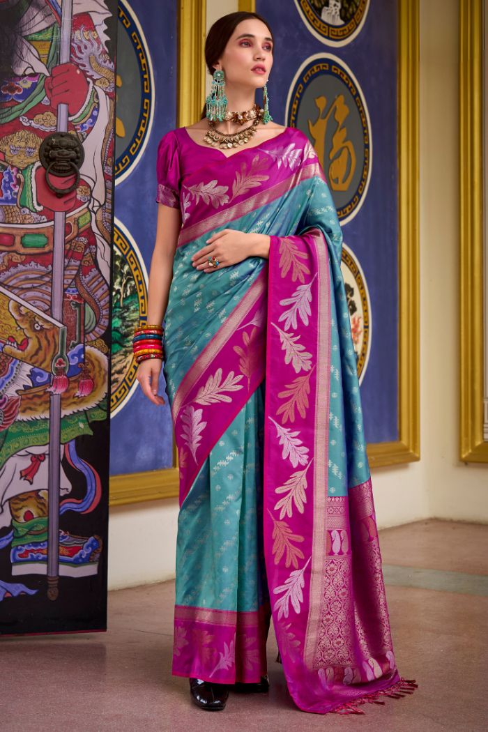 Buy MySilkLove Breaker Bay Blue and Pink Banarasi Soft Silk Saree Online