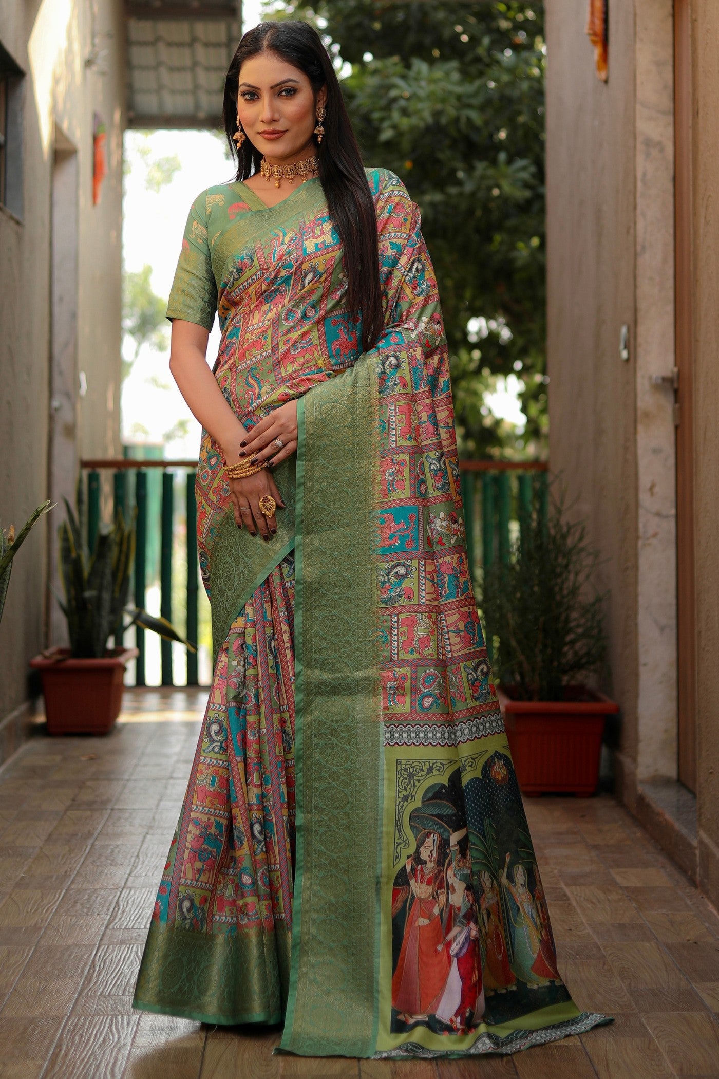 Buy MySilkLove Lotus Pink and Green Digital Printed Kalamkari Saree Online