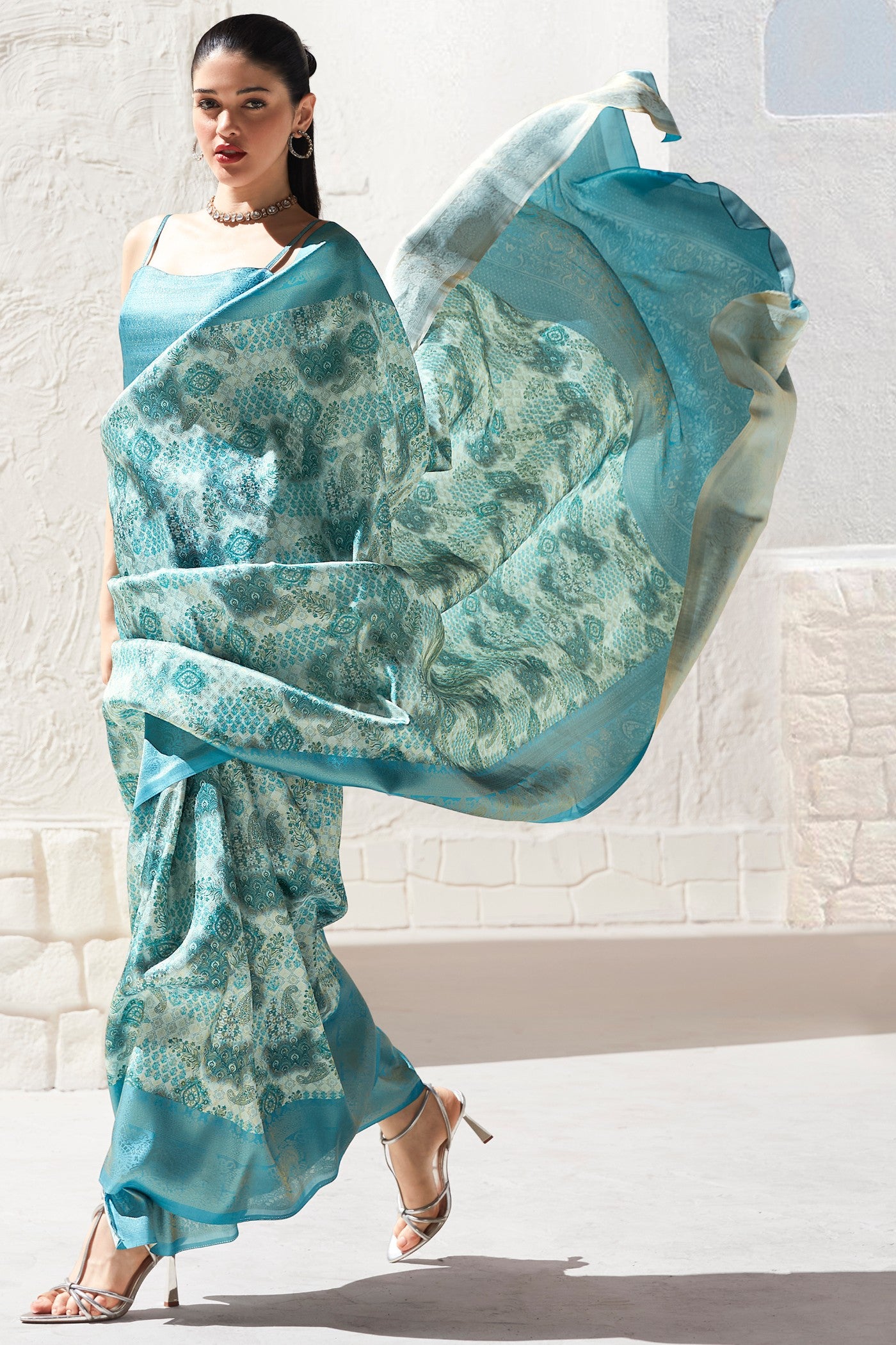 Buy MySilkLove Neptune Blue Banarasi Digital Printed Saree Online