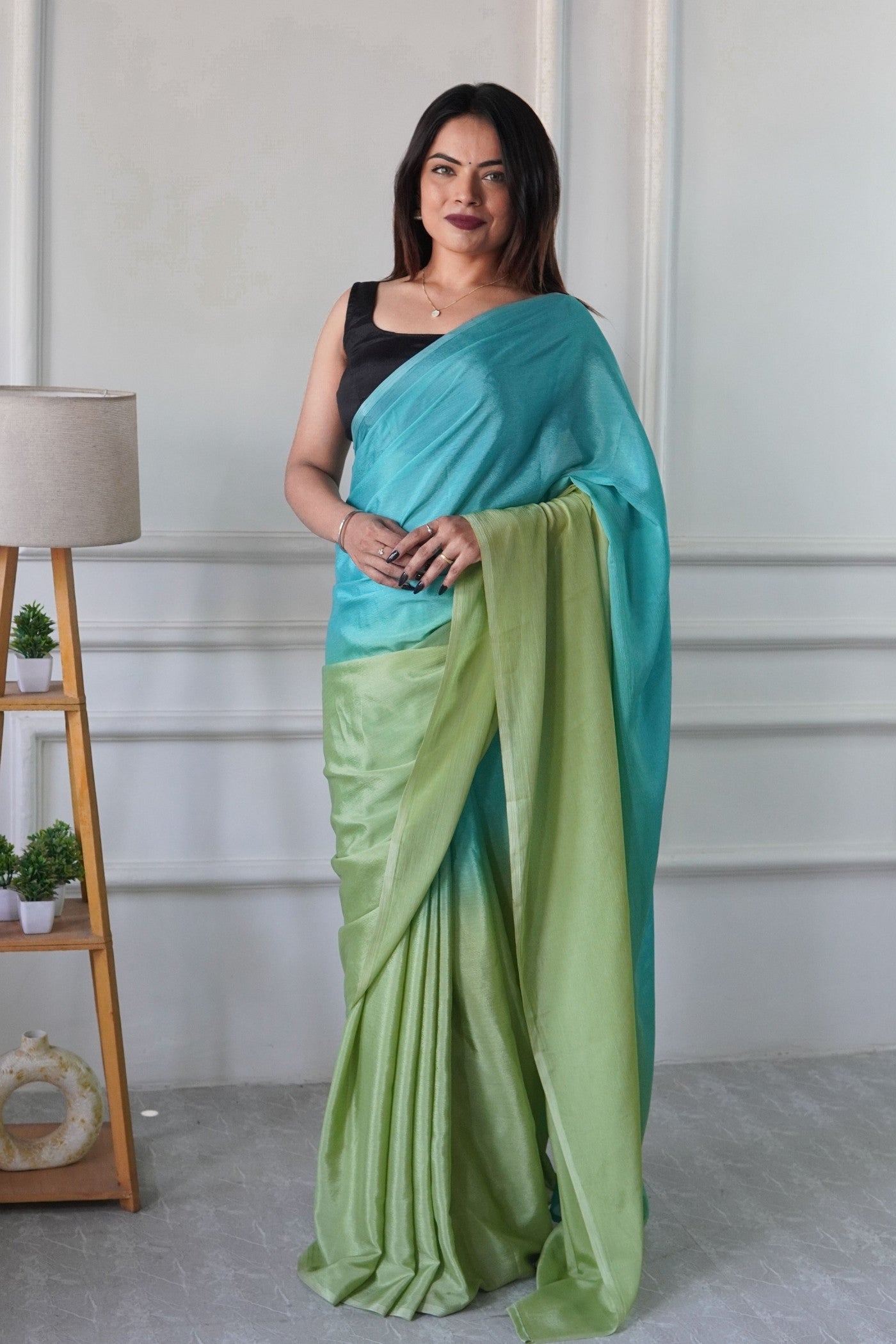 Buy MySilkLove Water Blue and Green Chinon Ready To Wear Saree Online