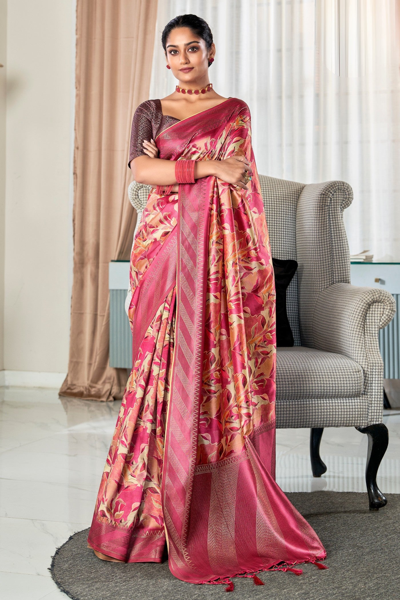 Buy MySilkLove Stiletto Pink Digital Printed Banarasi Saree Online