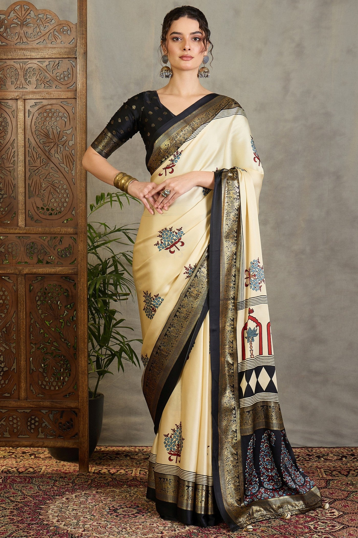 Buy MySilkLove Wheat Cream and Black Printed Satin Crepe Silk Saree Online