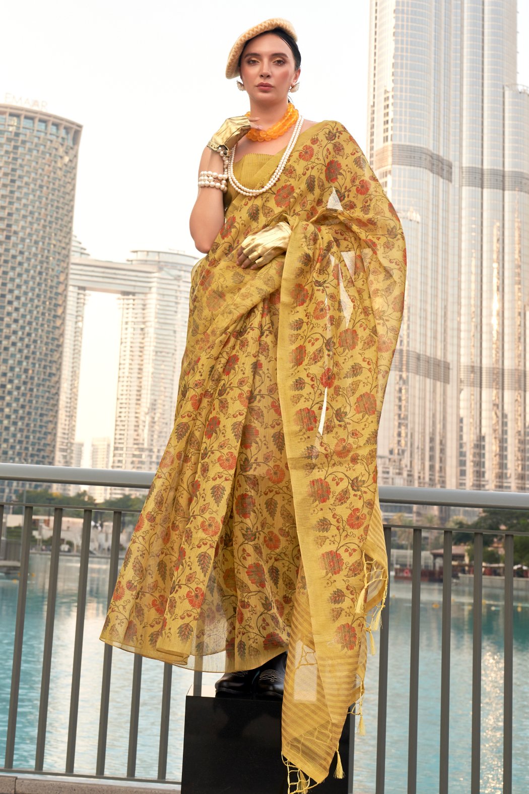 Buy MySilkLove Sunflower Yellow Printed Tissue Saree Online