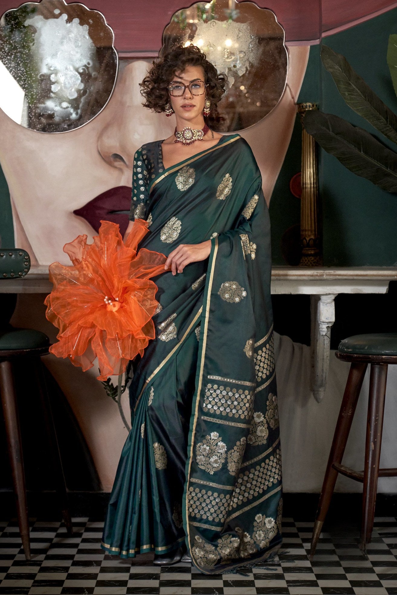 Buy MySilkLove Dark Leaf Green Banarasi Handloom Satin Saree Online