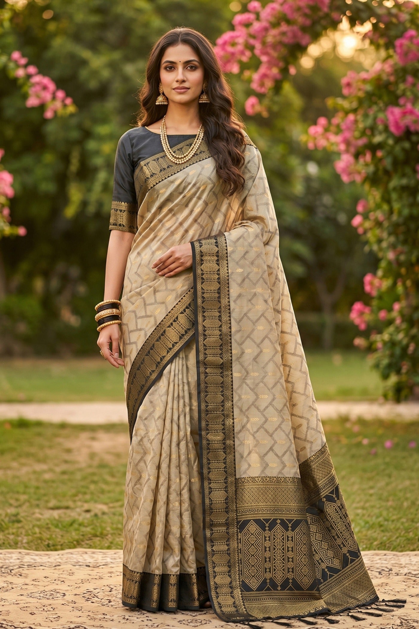 Buy MySilkLove Dust Cream and Black Woven Banarasi Cotton Saree Online