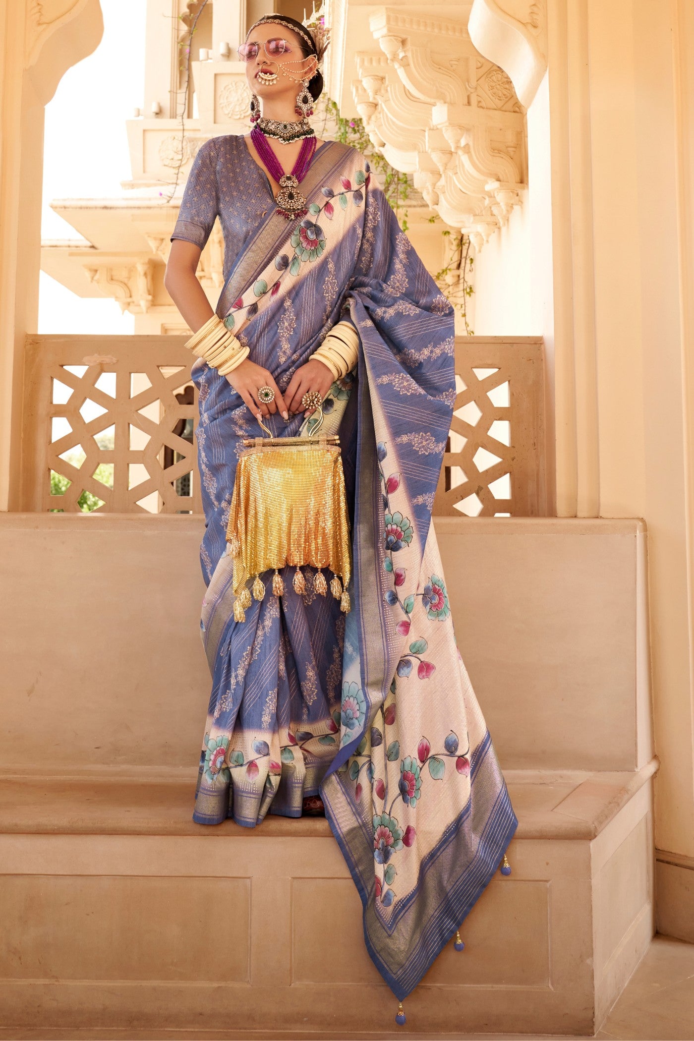 Buy MySilkLove Waterloo Blue Floral Printed Banarasi Saree Online