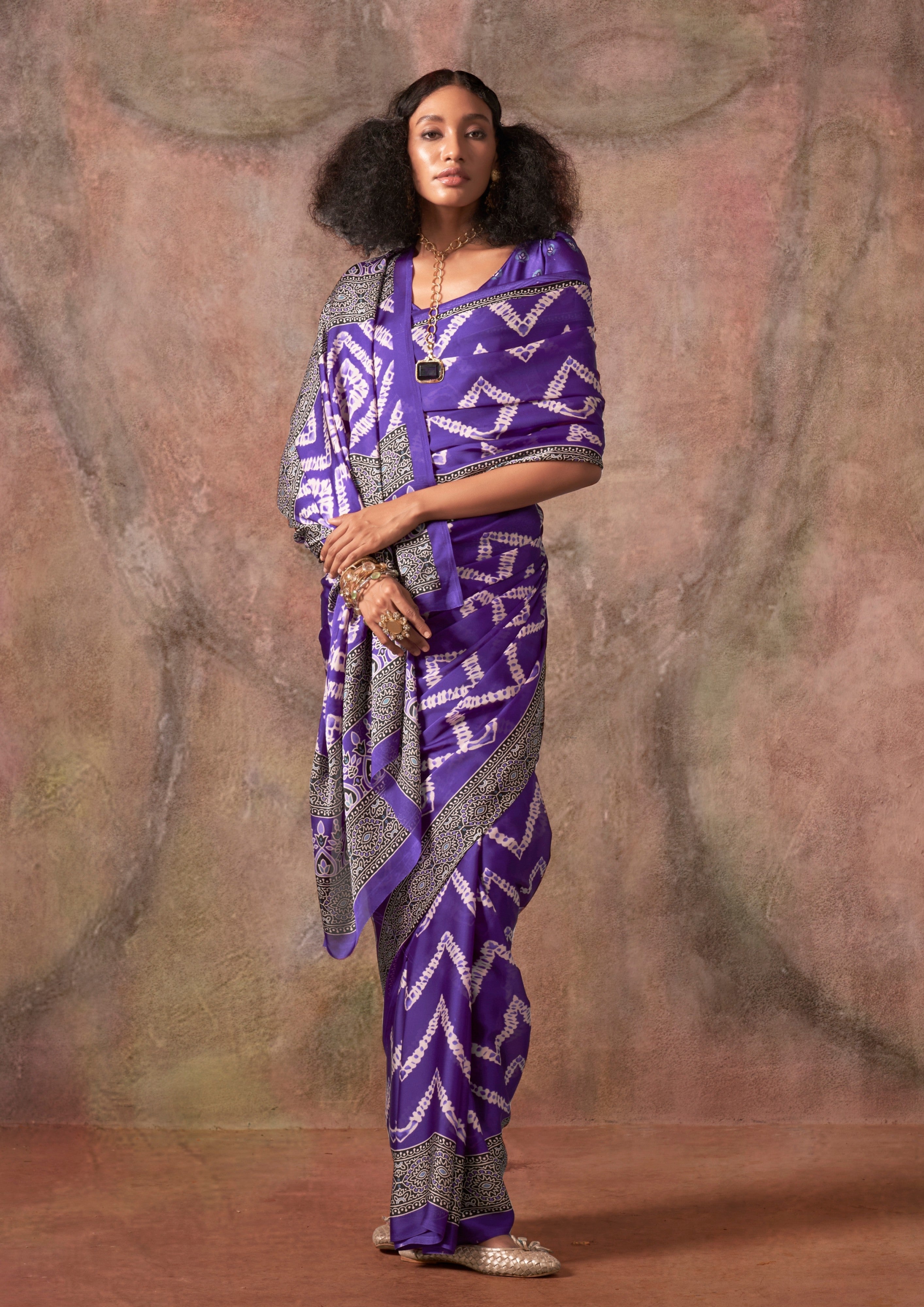MySilkLove Heliotrope Purple Ajrakh Printed Satin Georgette Silk Saree