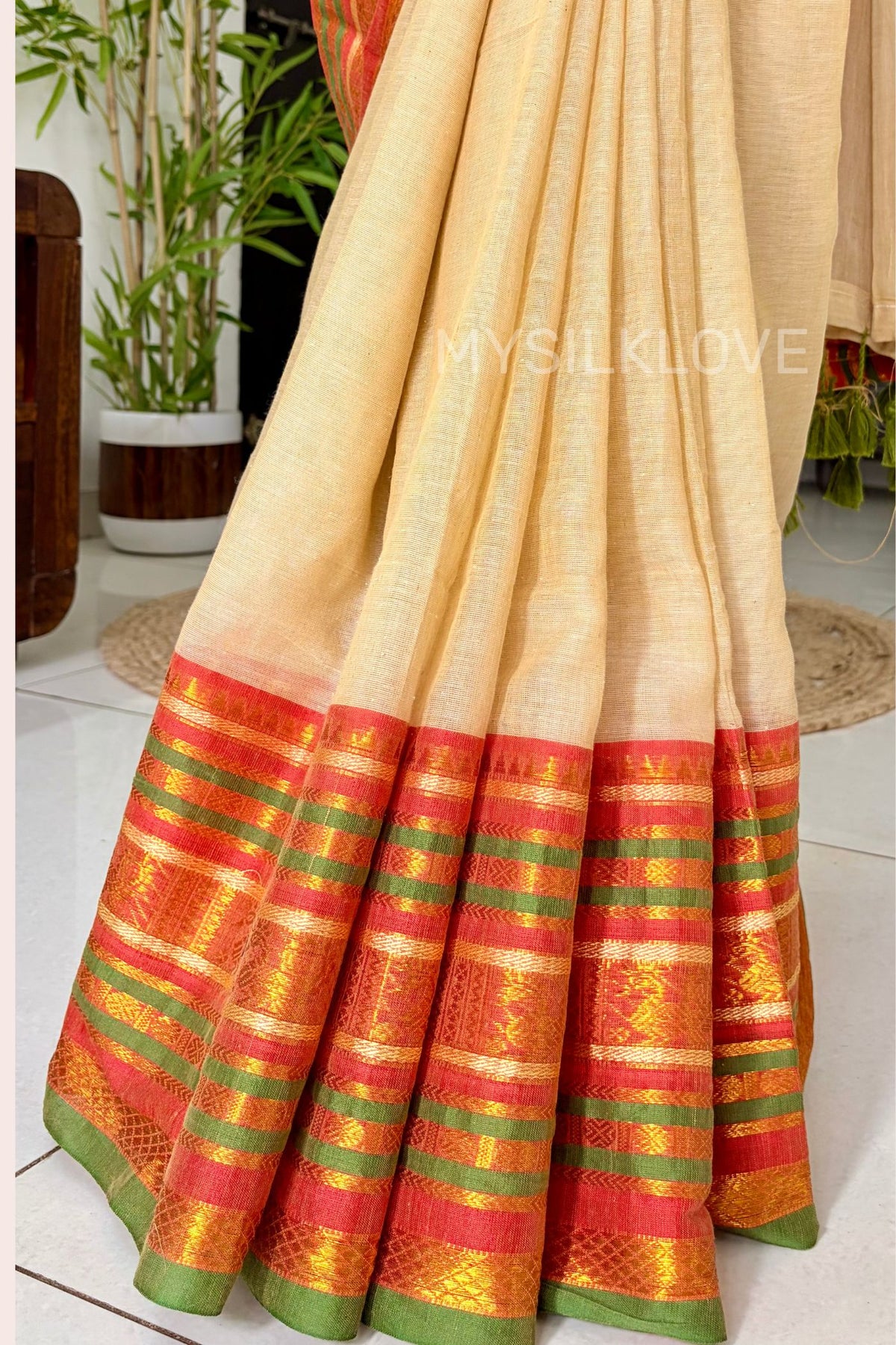 Buy MySilkLove Pistachio Cream Mul Mul Cotton Kanchi Border Kanchipuram Saree Online