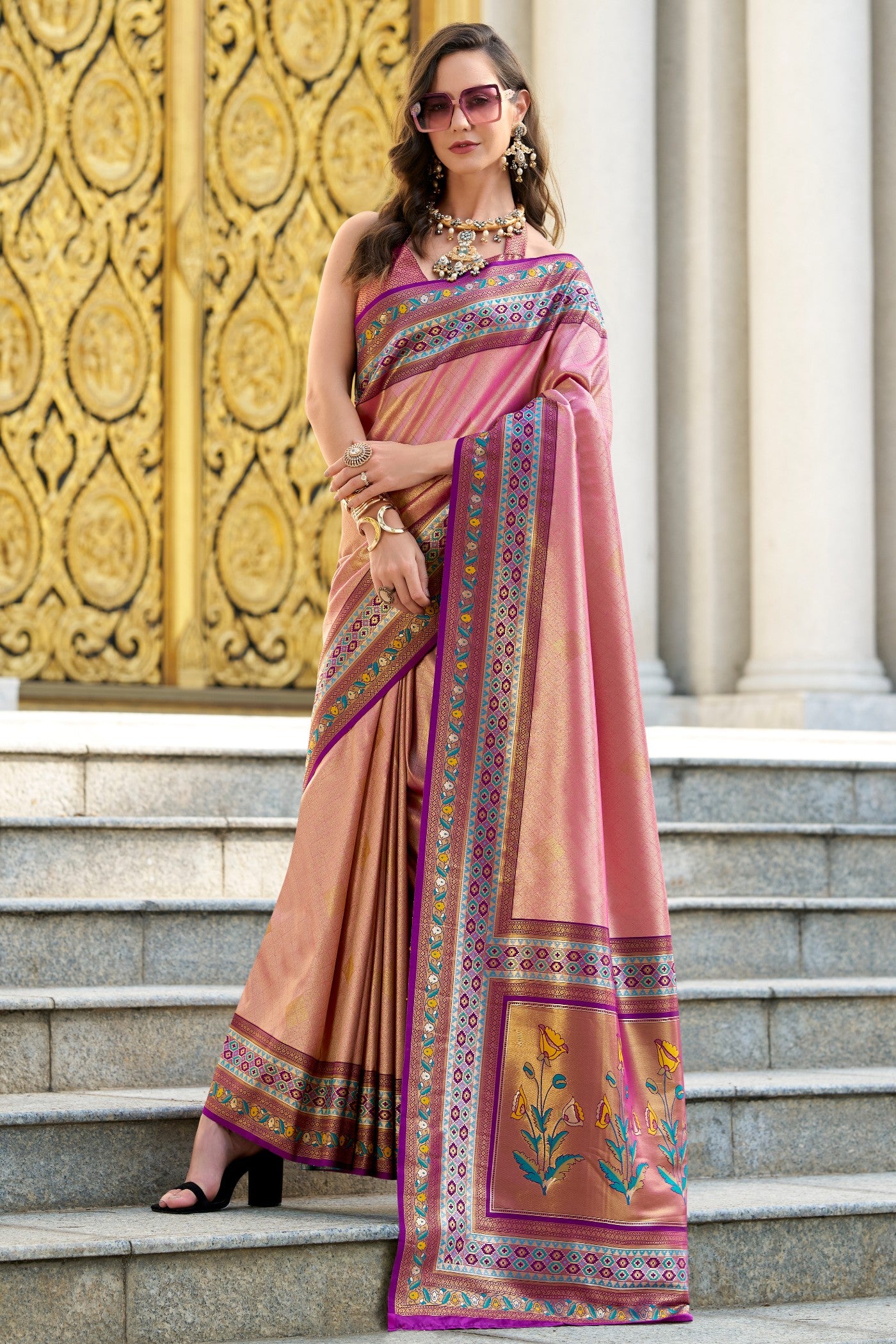 Buy MySilkLove Nation Pink Tissue Handloom Saree Online