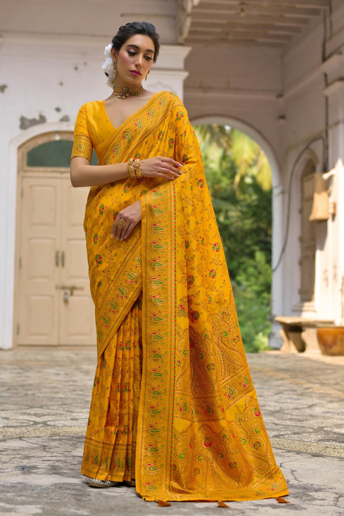 Buy MySilkLove Tulip Tree Yellow Woven Pashmina Silk Saree Online