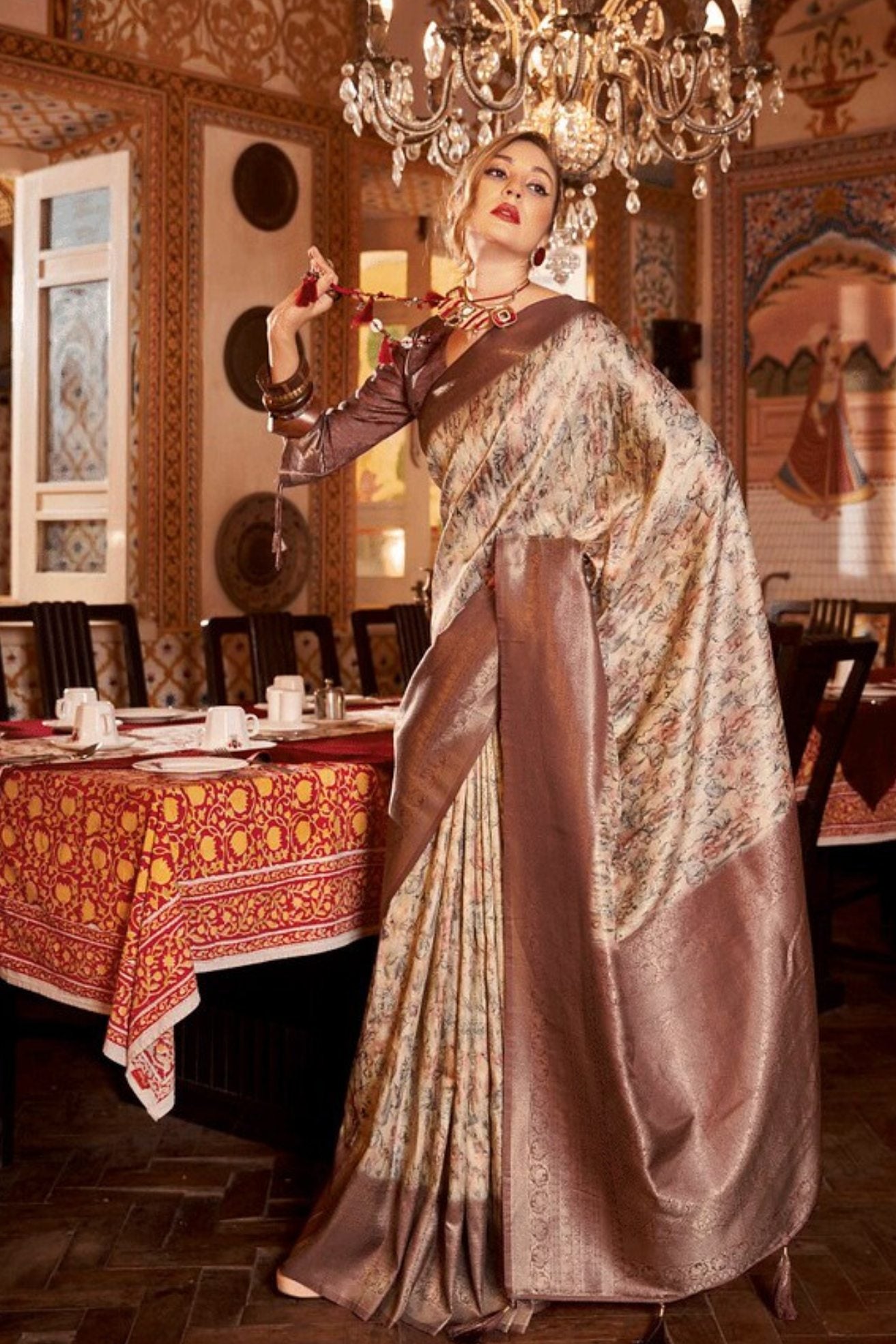 Buy MySilkLove Cape Palliser Brown Banarasi Digital Printed Saree Online