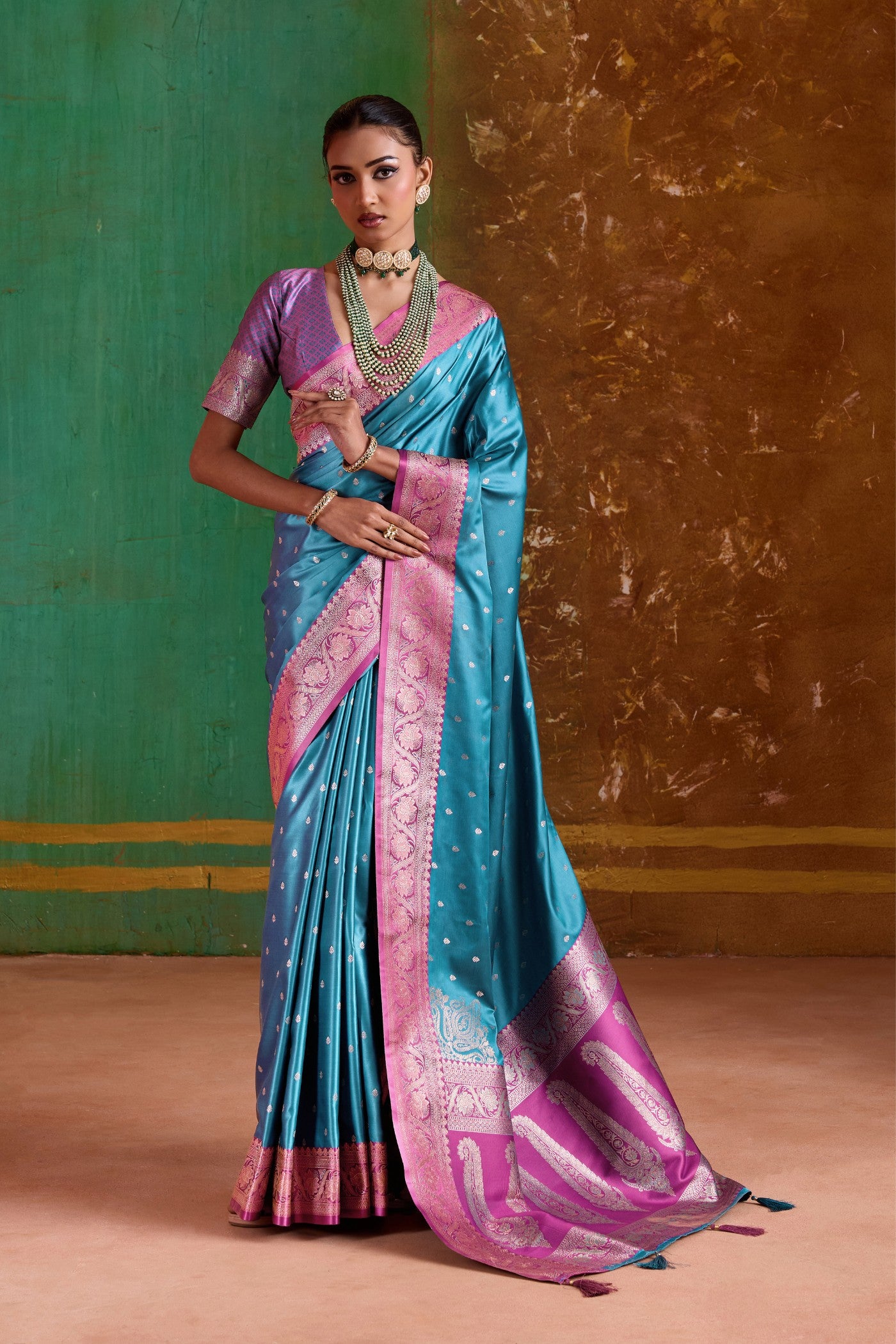 Buy MySilkLove Font Blue Handloom Satin Silk Saree Online