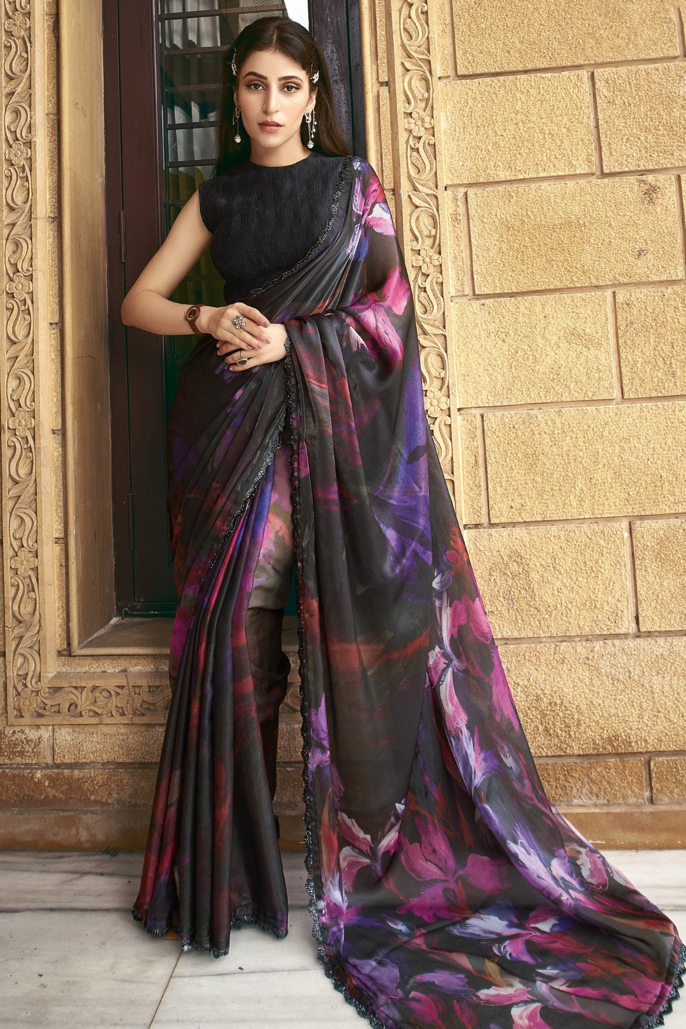 Buy MySilkLove Cocoa Brown Satin Silk Saree Online