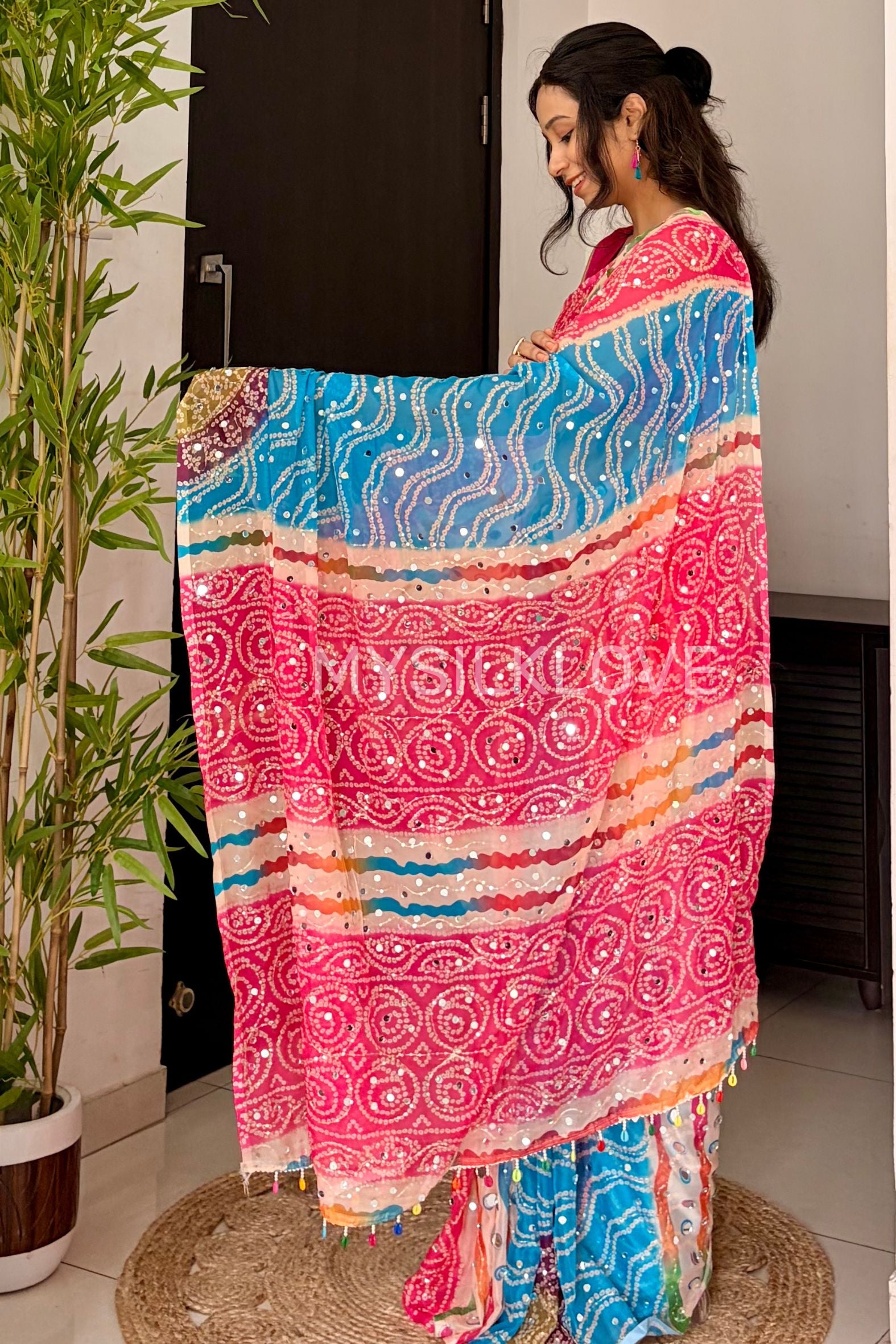Buy MySilkLove Zareen Khan Inspired:  Pink and Blue Pure Georgette Mirror Work Saree Online