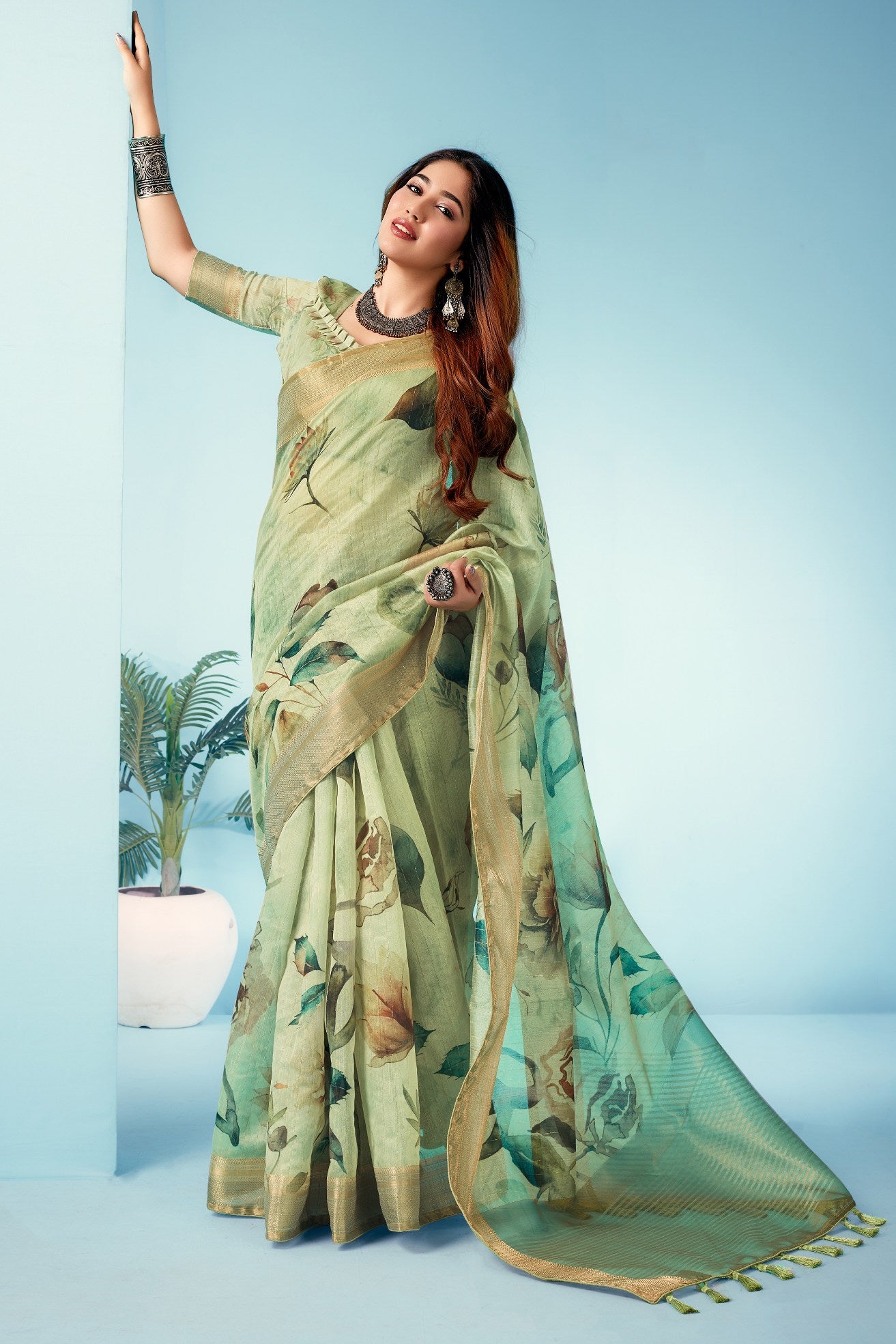 Buy MySilkLove Green Mist Floral Linen Saree Online