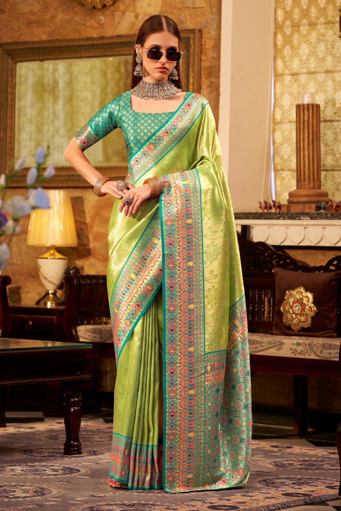 Buy MySilkLove Persian Green Zari Woven Tissue Silk Saree Online